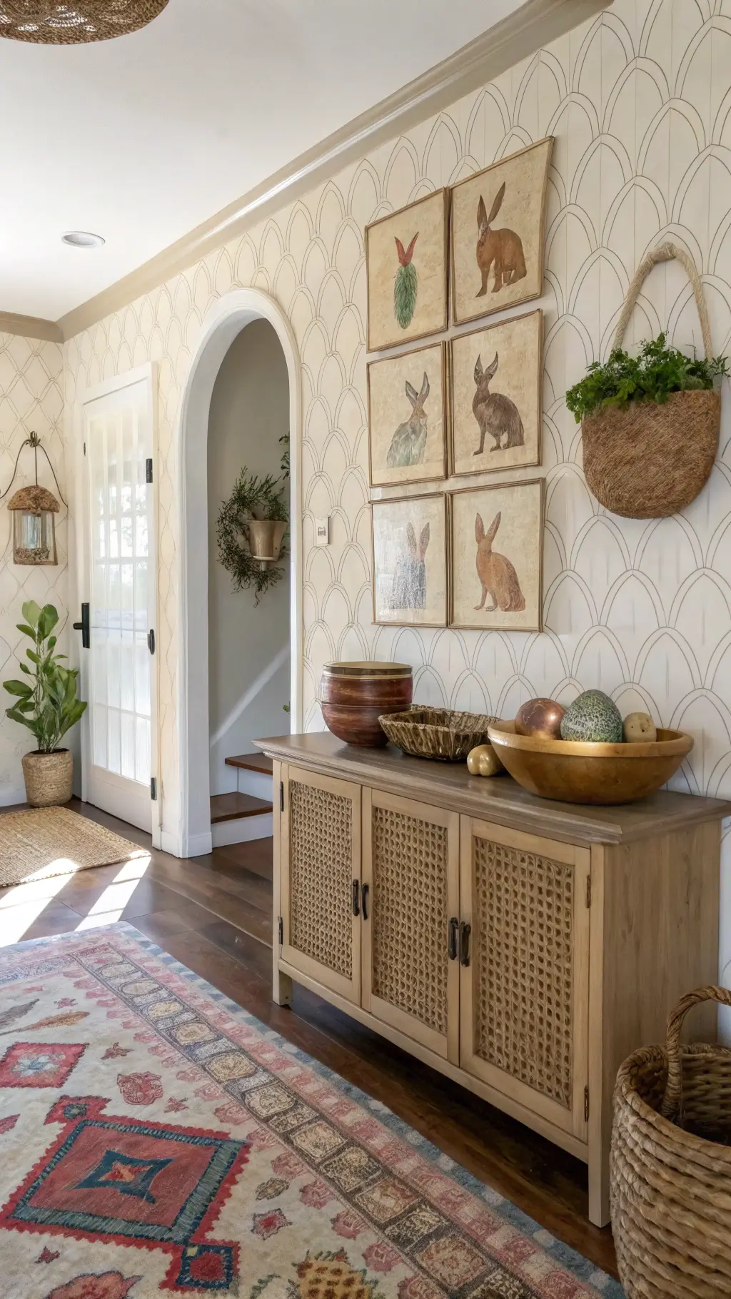 Bohemian entryway with macramé Easter wall hanging, ceramic bunnies, brass egg bowls on a rattan console, and Moroccan runner under soft midday light.