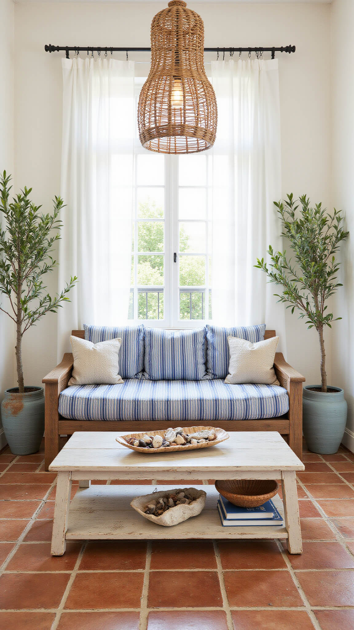 Cozy Mediterranean balcony with striped daybed, olive trees in planters, terracotta tiles, and driftwood on a rustic coffee table.