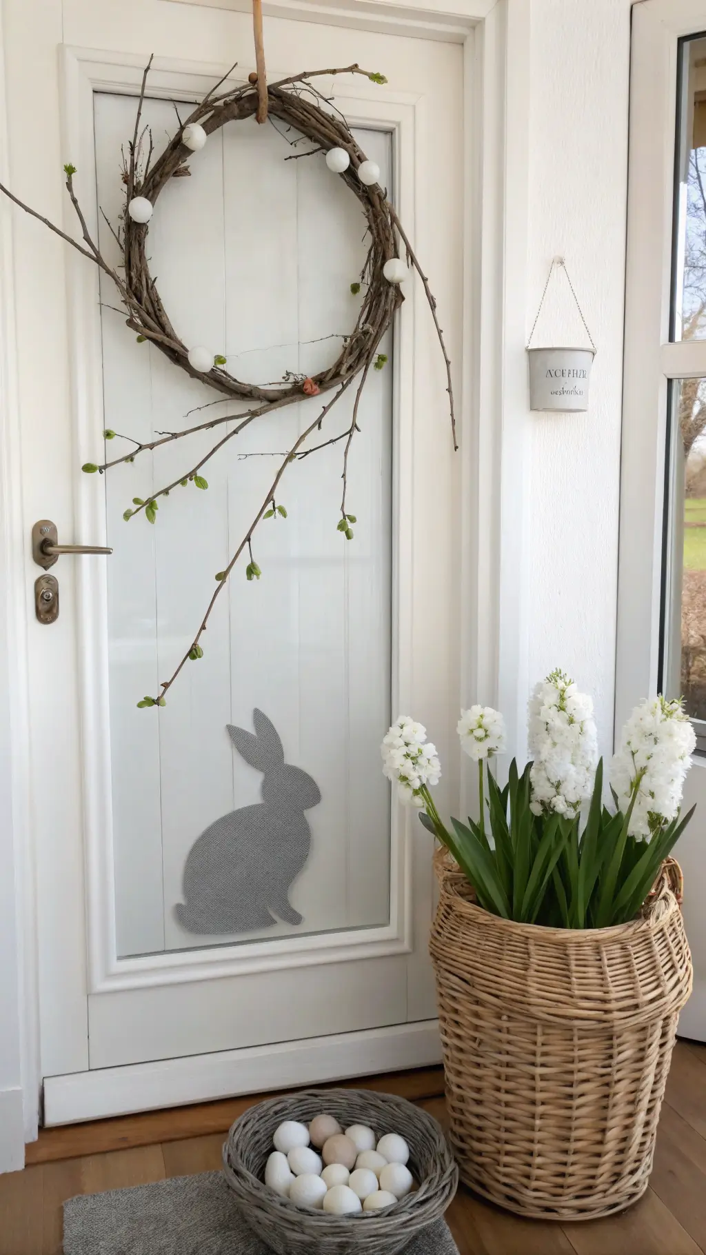 Minimalist Scandinavian Easter decor with birch branch wreath, ceramic eggs, paper flower, gray felt bunny on frosted glass, and white hyacinths in woven basket.