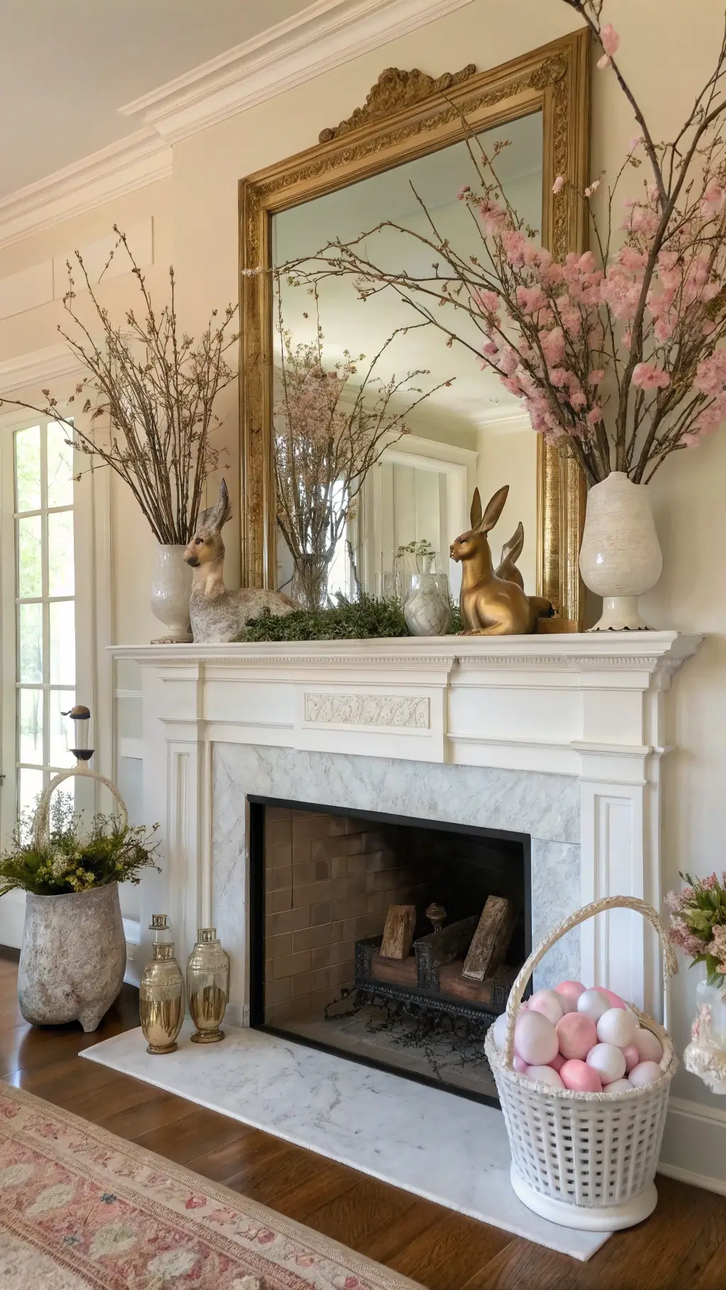 Sunlit living room at golden hour with Easter mantel display featuring mercury glass bunnies, cherry blossoms, pastel egg garland, white tulips in milk glass, and brass candlesticks.