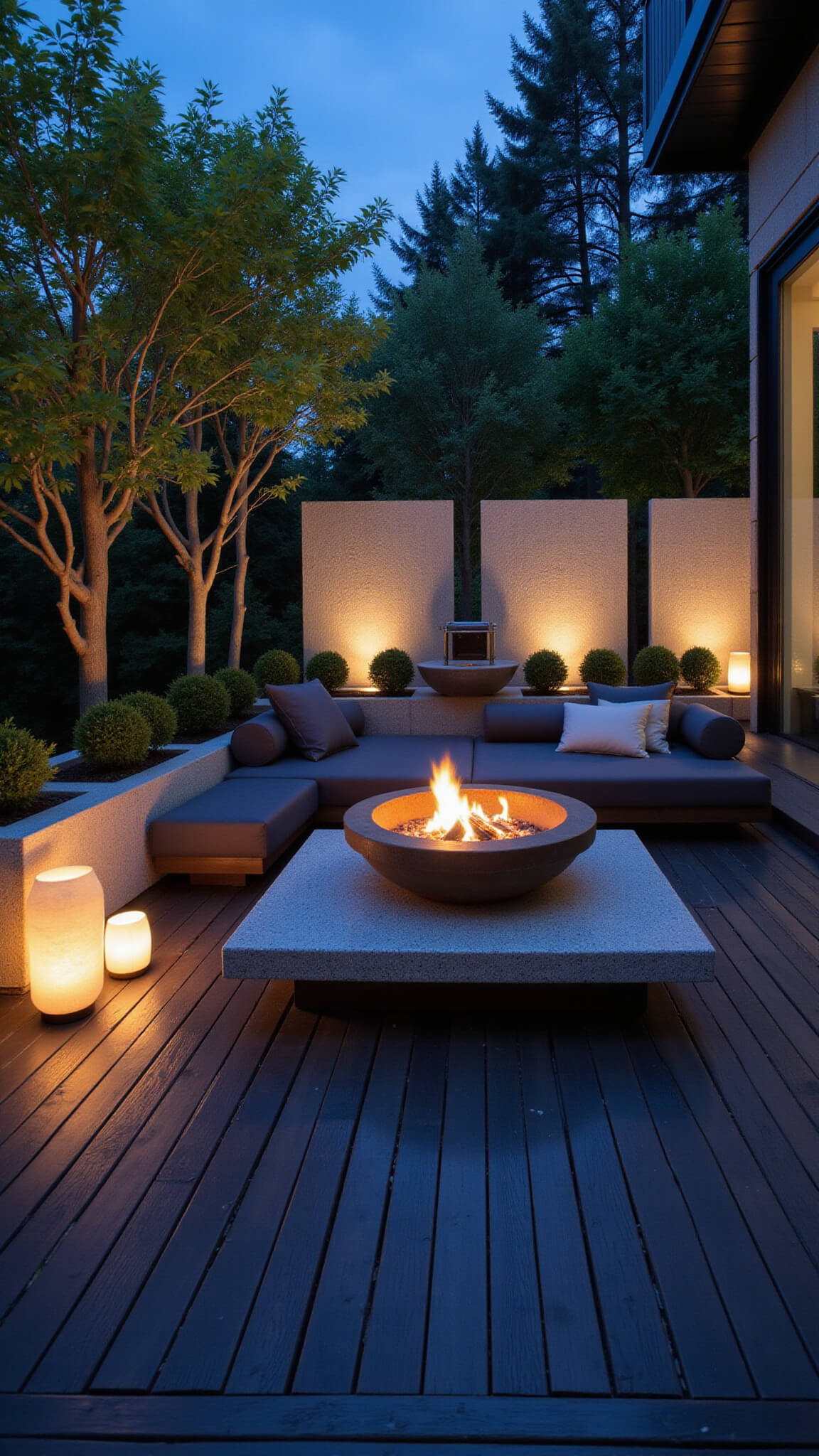 Zen garden on 5x7 ft balcony at blue hour with black bamboo decking, granite privacy screens, charcoal seating around fire bowl, Japanese maples in concrete planters, paper lanterns glowing warmly, and stone water feature.