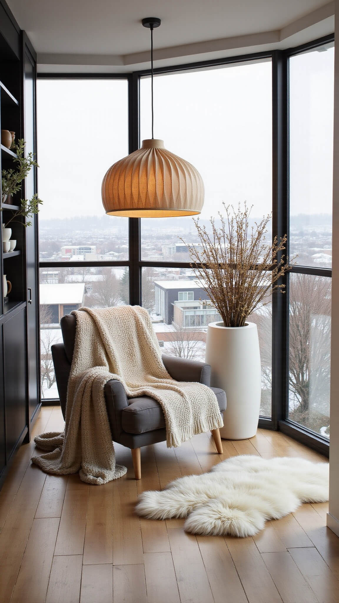 Scandinavian-style enclosed balcony with blonde wood floors, cozy lounge chair draped in chunky knit throws, sheepskin rugs, ceramic planters, and warm lighting against a snowy city backdrop.