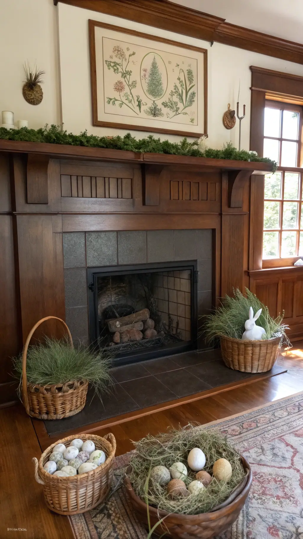 Craftsman-style living room with dark wood mantel, vintage botanical print, ceramic eggs in grass nests, white ceramic bunnies, pussy willows, ferns, and natural textures in morning light.