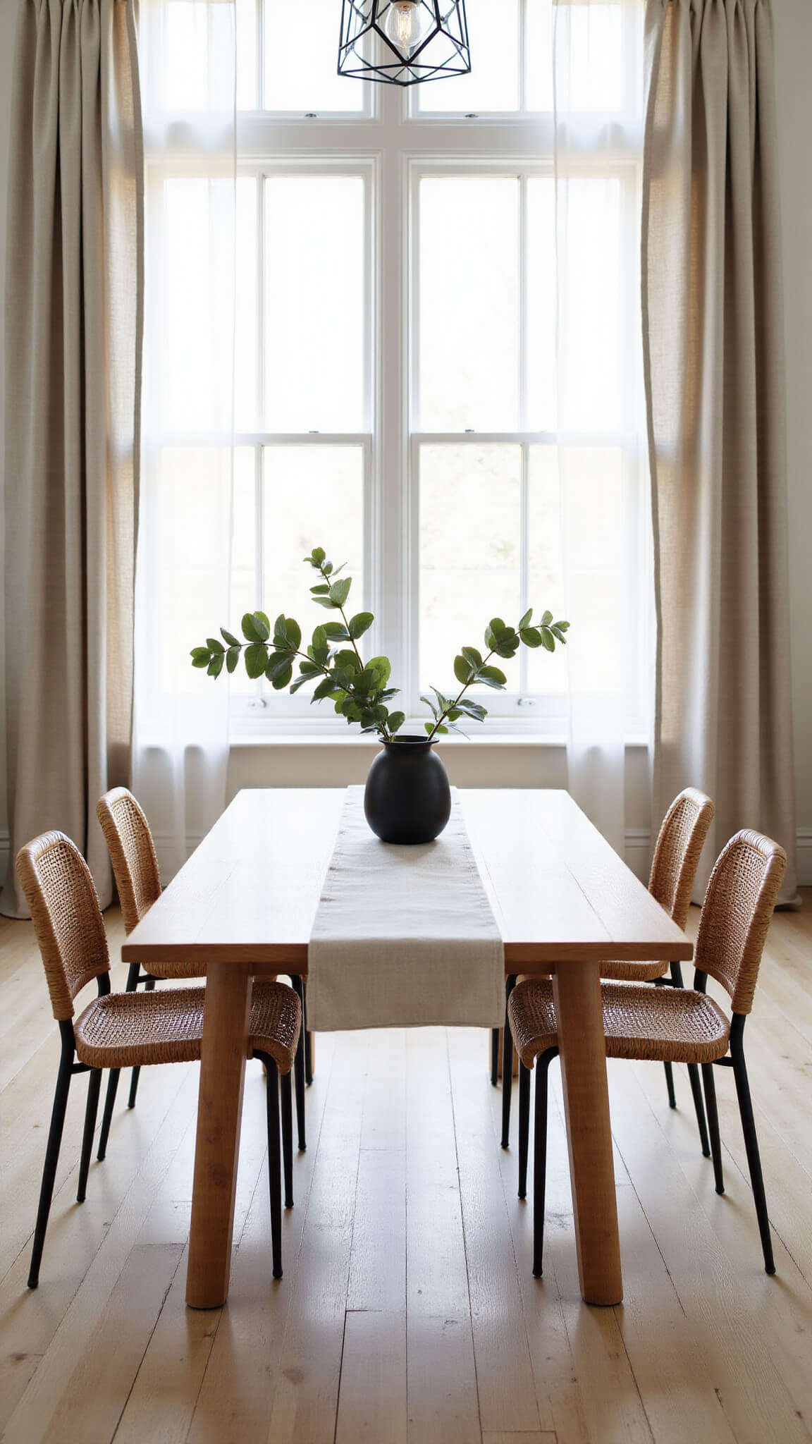 Minimalist dining room with oak table, rattan chairs, and soft natural light filtering through sheer curtains.