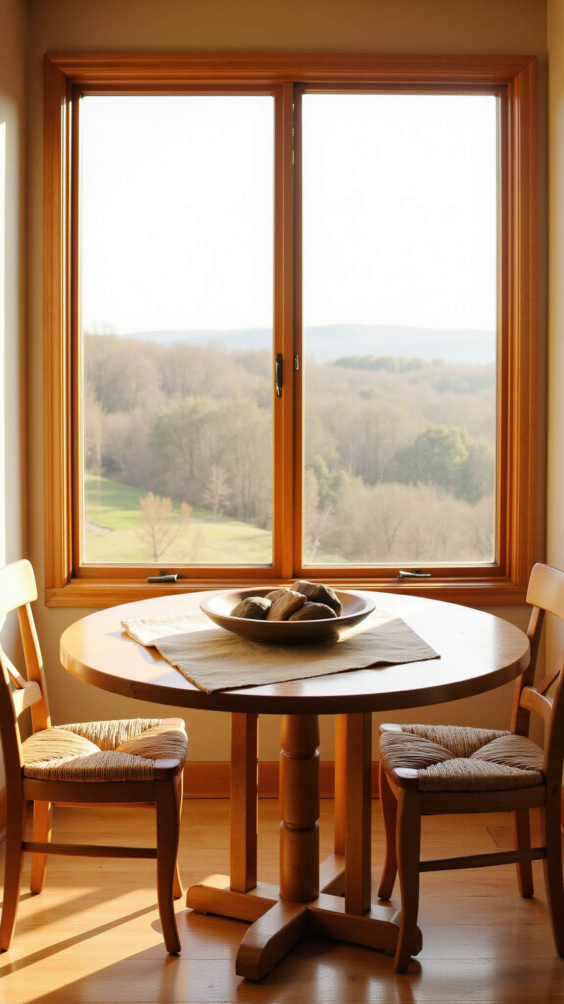 Japandi-style breakfast nook with round oak table, woven chairs, and ceramic bowl of river stones, bathed in warm golden hour light.