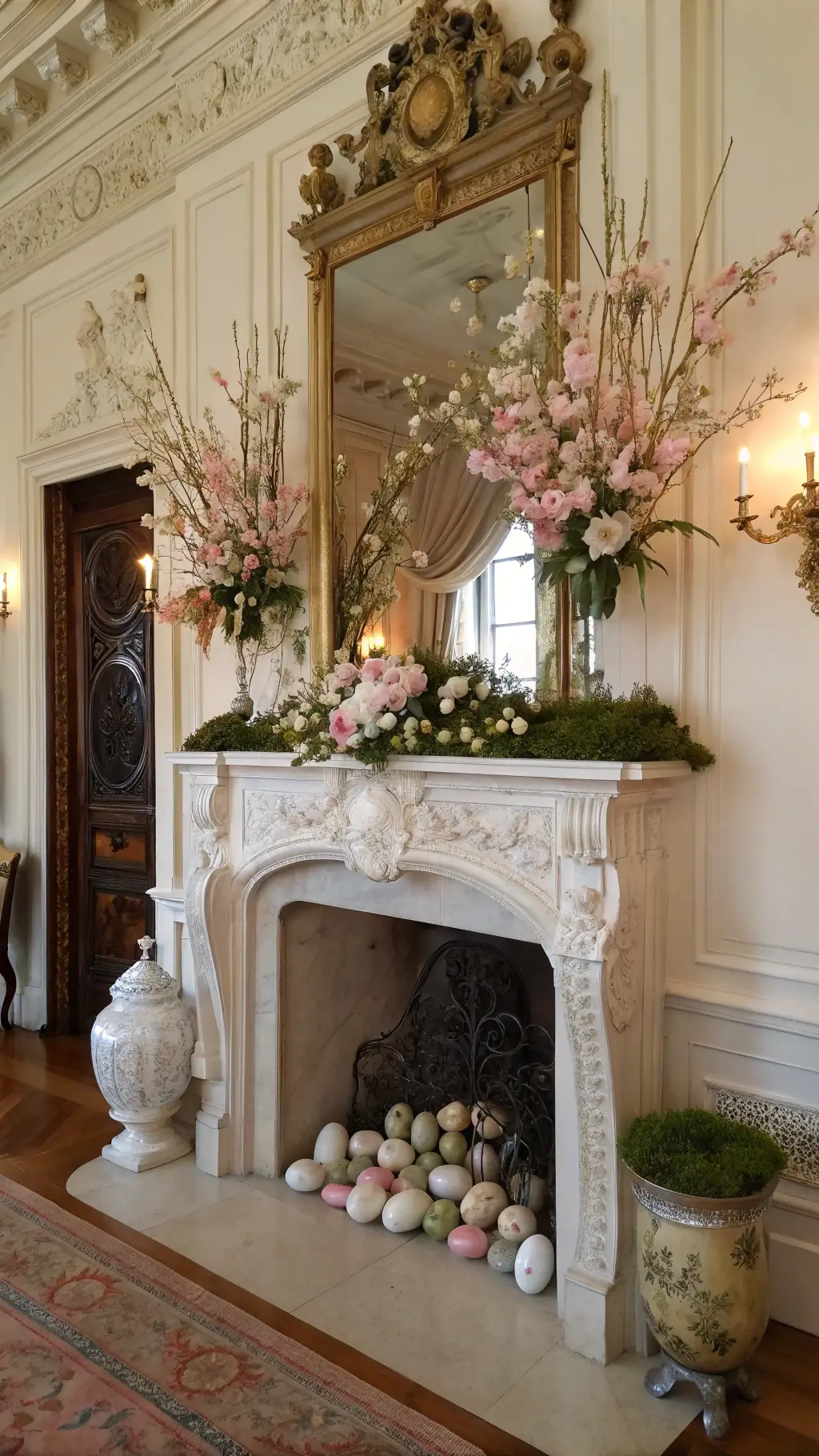 Airy Victorian parlor with ornate mantel, floral centerpiece of cherry blossoms and peonies, vintage mirrors, porcelain bunnies, and decorative quail eggs in soft blush, cream, and gold tones.