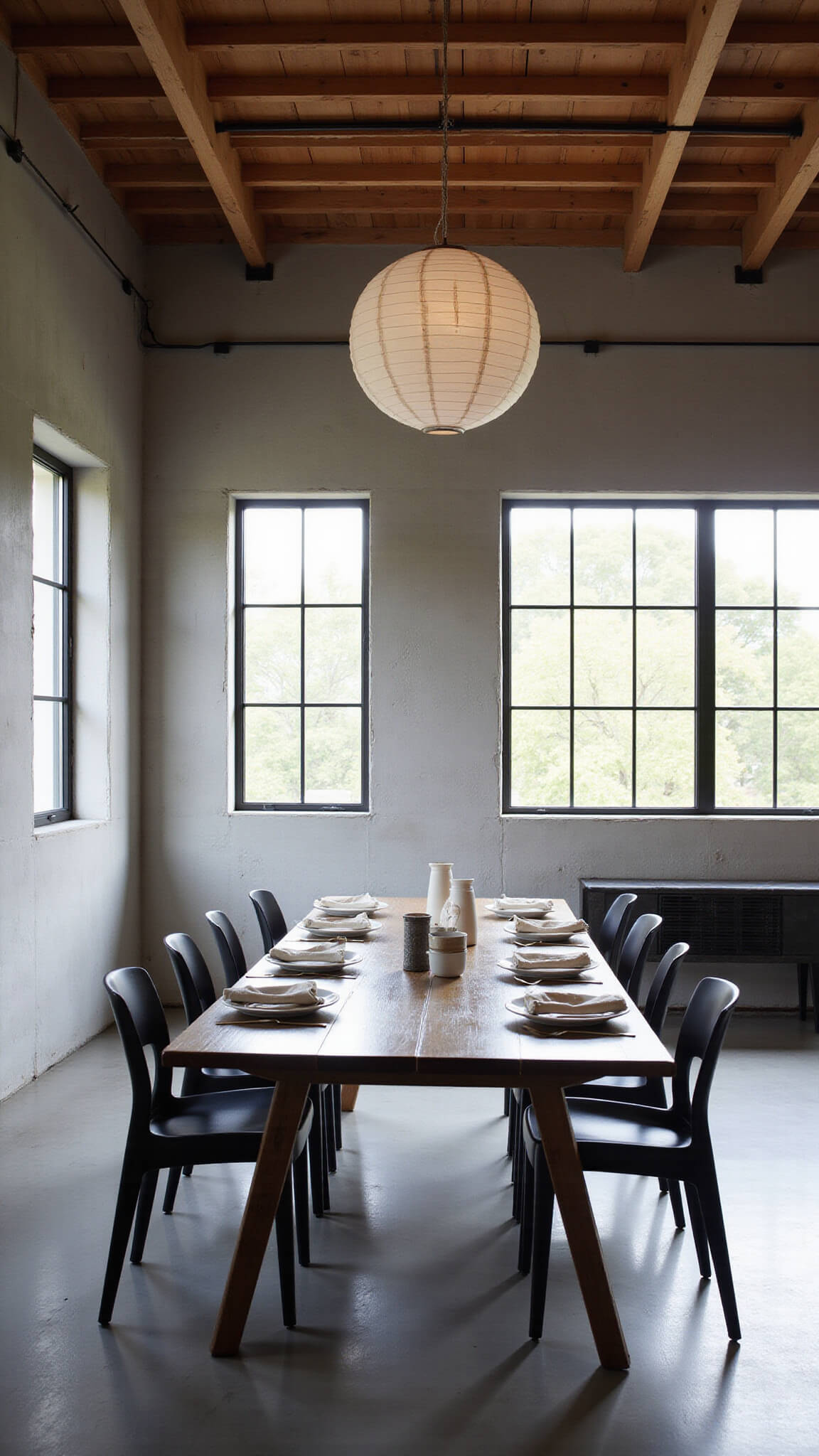 Contemporary dining room with concrete walls, wood ceiling beams, blackened oak table, black chairs, and paper lantern pendant in dramatic mid-afternoon light.