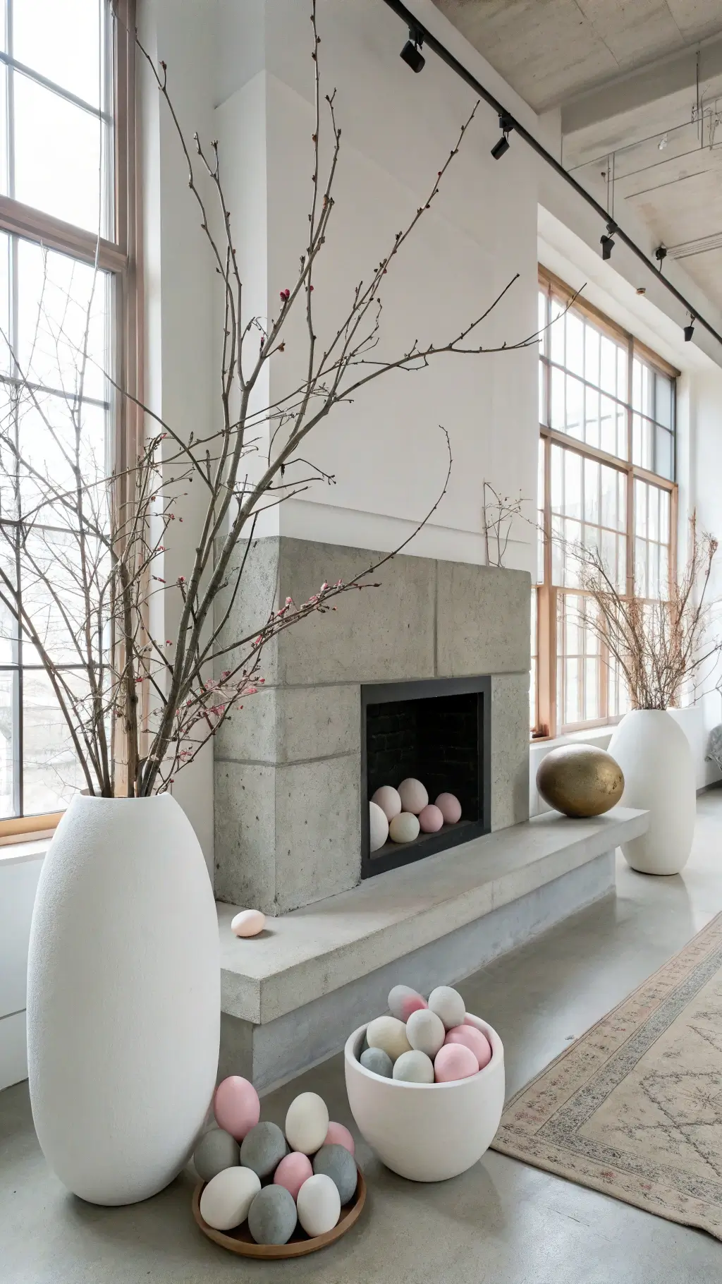 Minimalist contemporary loft with floating concrete mantel, oversized white ceramic vessels, dramatic branches, matte grey eggs, brass accents, and pale pink detail, lit by diffused midday light through industrial windows.