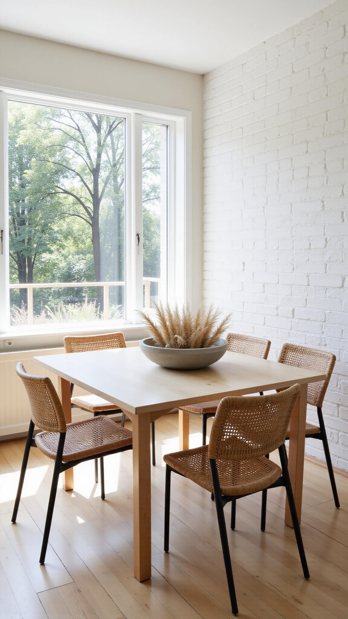 Bright minimalist dining corner with a pale ash wood table, rattan chairs, and morning sunlight streaming through east-facing windows.