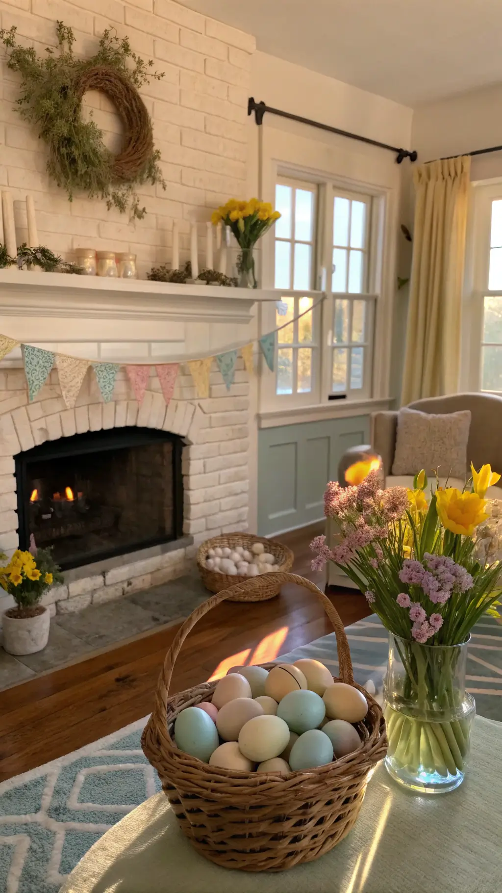 Cozy cottage living room with brick fireplace, spring floral centerpiece, pastel ribbon garland, and milk glass displaying speckled eggs in soft morning light.