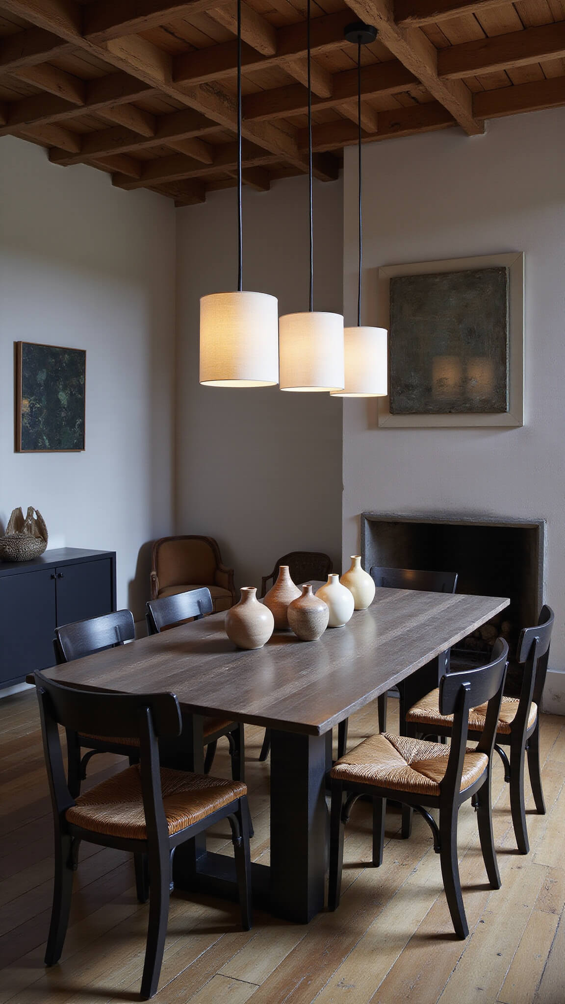 Open-concept dining room with exposed wooden ceiling joists, smoked oak table displaying handmade ceramics, black-stained chairs with woven leather seats, and moody dusk lighting from paper-shaded pendant lights.