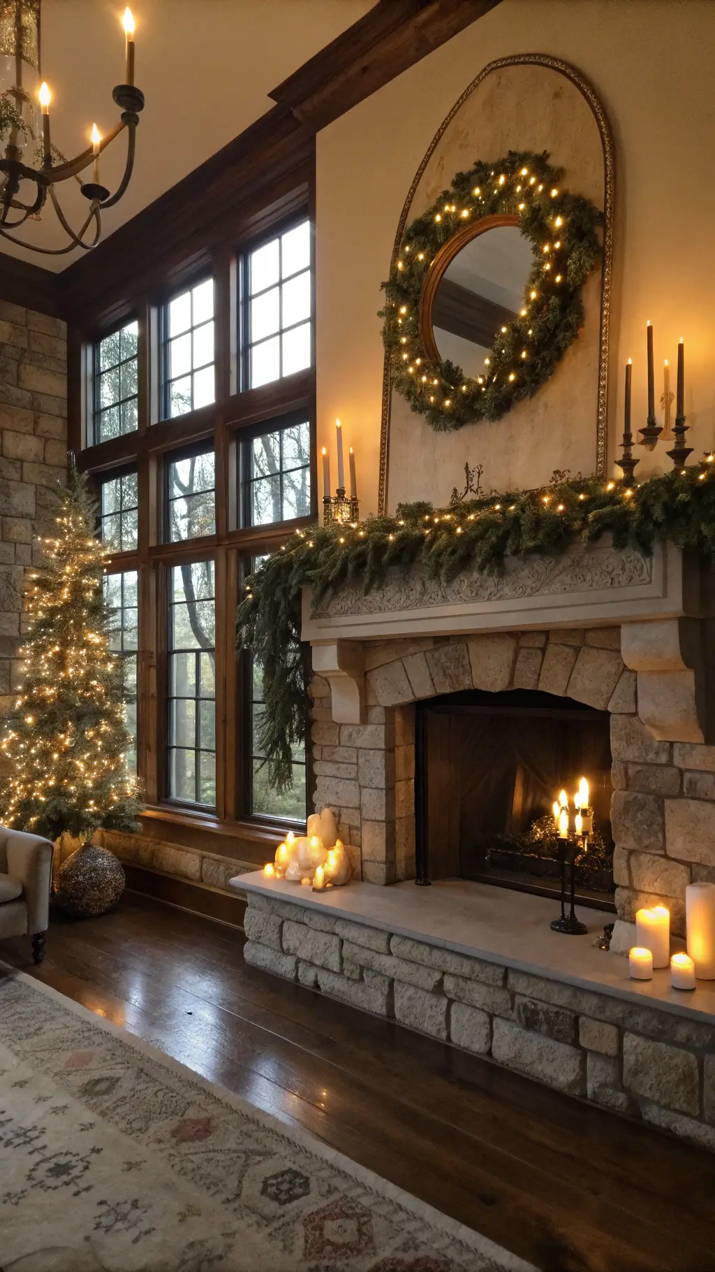 Traditional Tudor living room at sunset with stone fireplace, olive branch garland and fairy lights on mantel, aged brass candlesticks, ceramic eggs, vintage botanical prints, and round mirror.