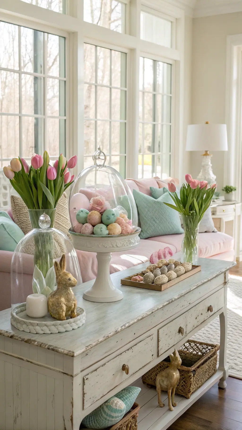Bright, sunlit living room with spring decor, featuring a white console table with glass cloches of pastel eggs, blush pillows, mint throws, gold bunny figurines, and fresh tulips.