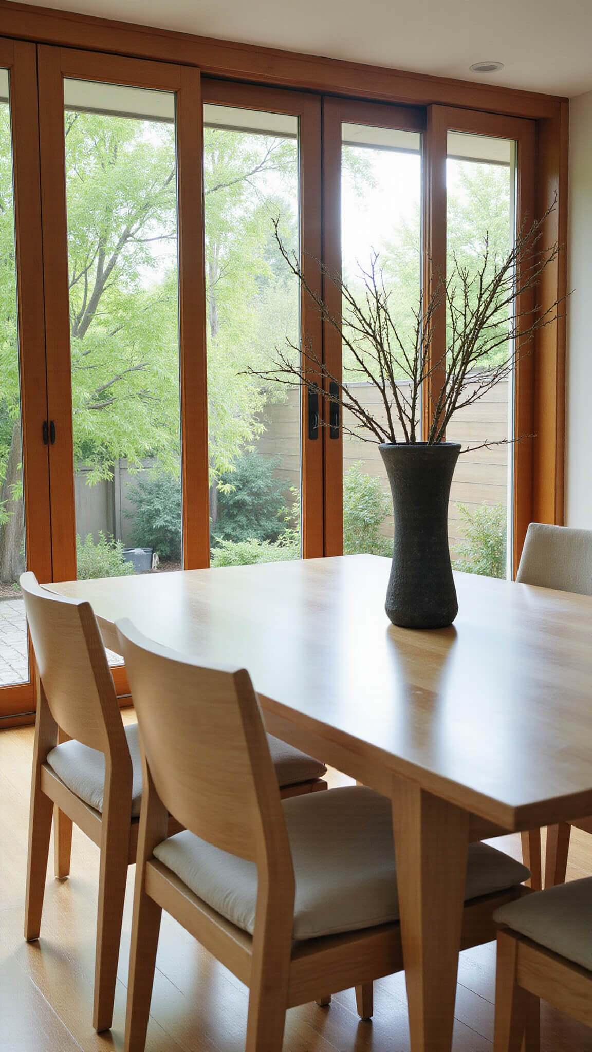 Modern dining room with light maple table and pale oak chairs, opening to a zen garden through sliding glass doors, bathed in late afternoon light with bamboo shadows.