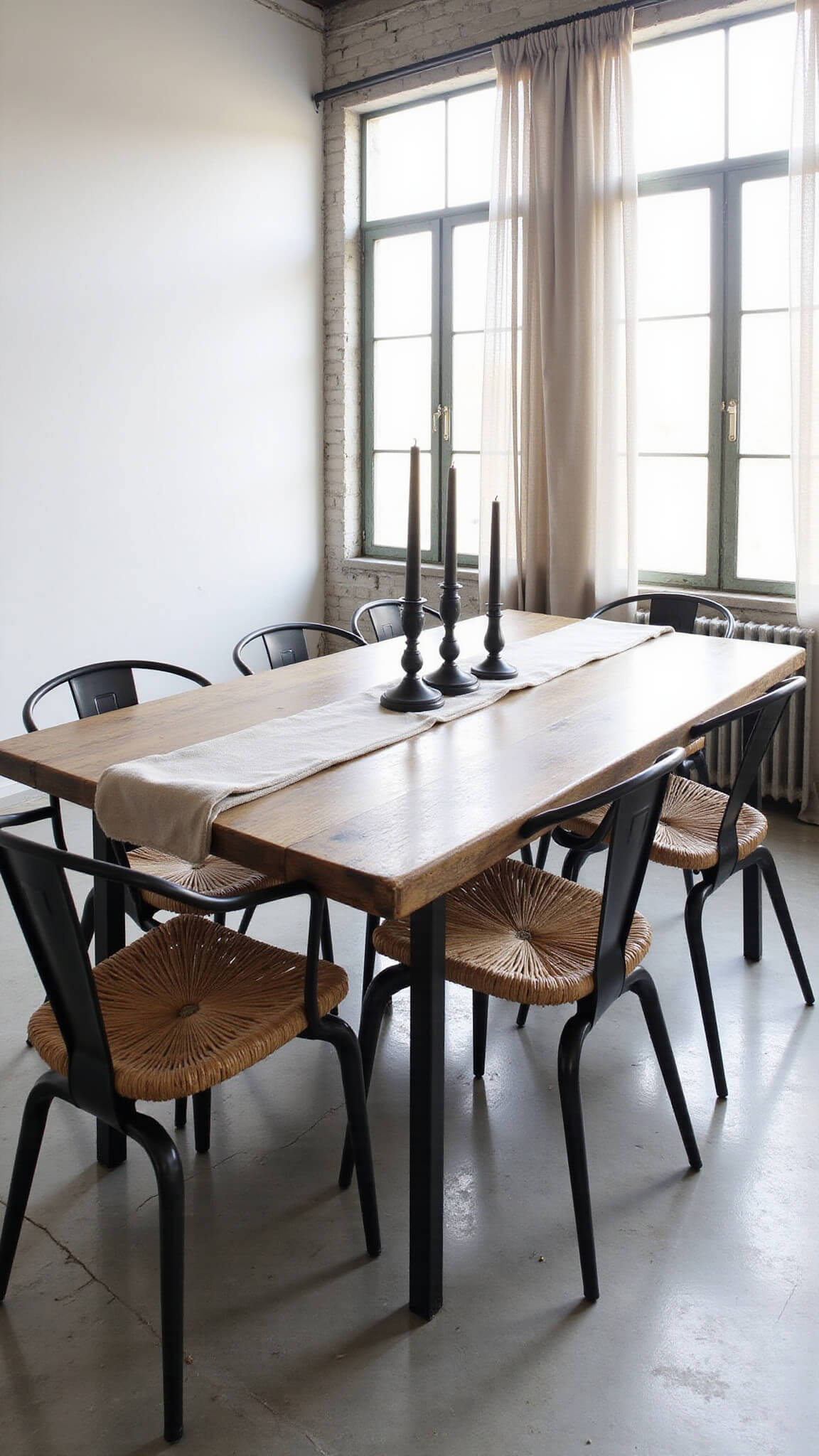 Urban loft dining area with polished concrete floors, white walls, a weathered reclaimed wood table, black candleholders, mixed-material chairs, and soft daylight through sheer-curtained industrial windows.