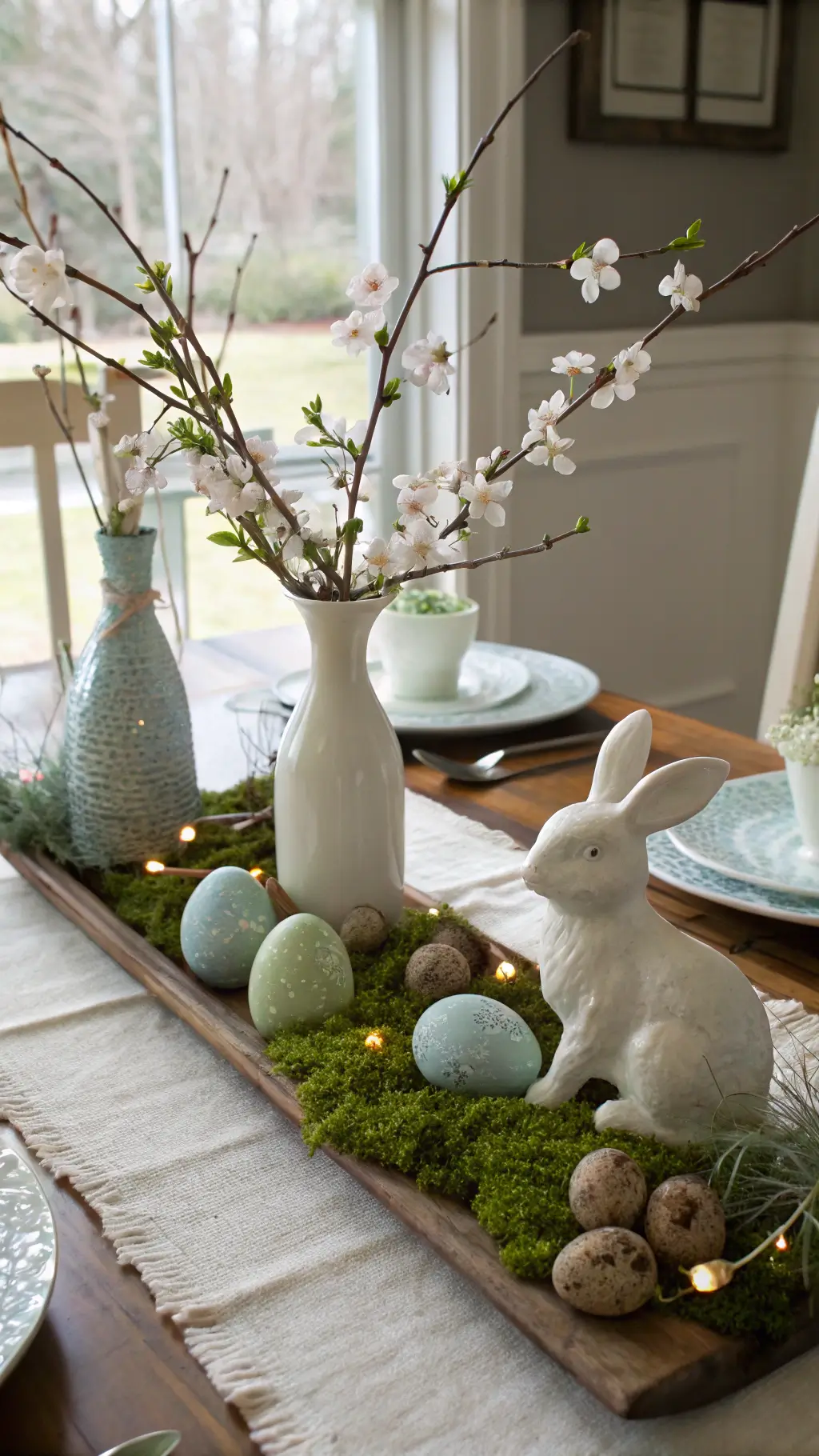 Close-up of rustic breakfast nook with cherry blossoms in milk glass vases, painted Easter eggs, ceramic bunnies, and moss lit by soft morning light.