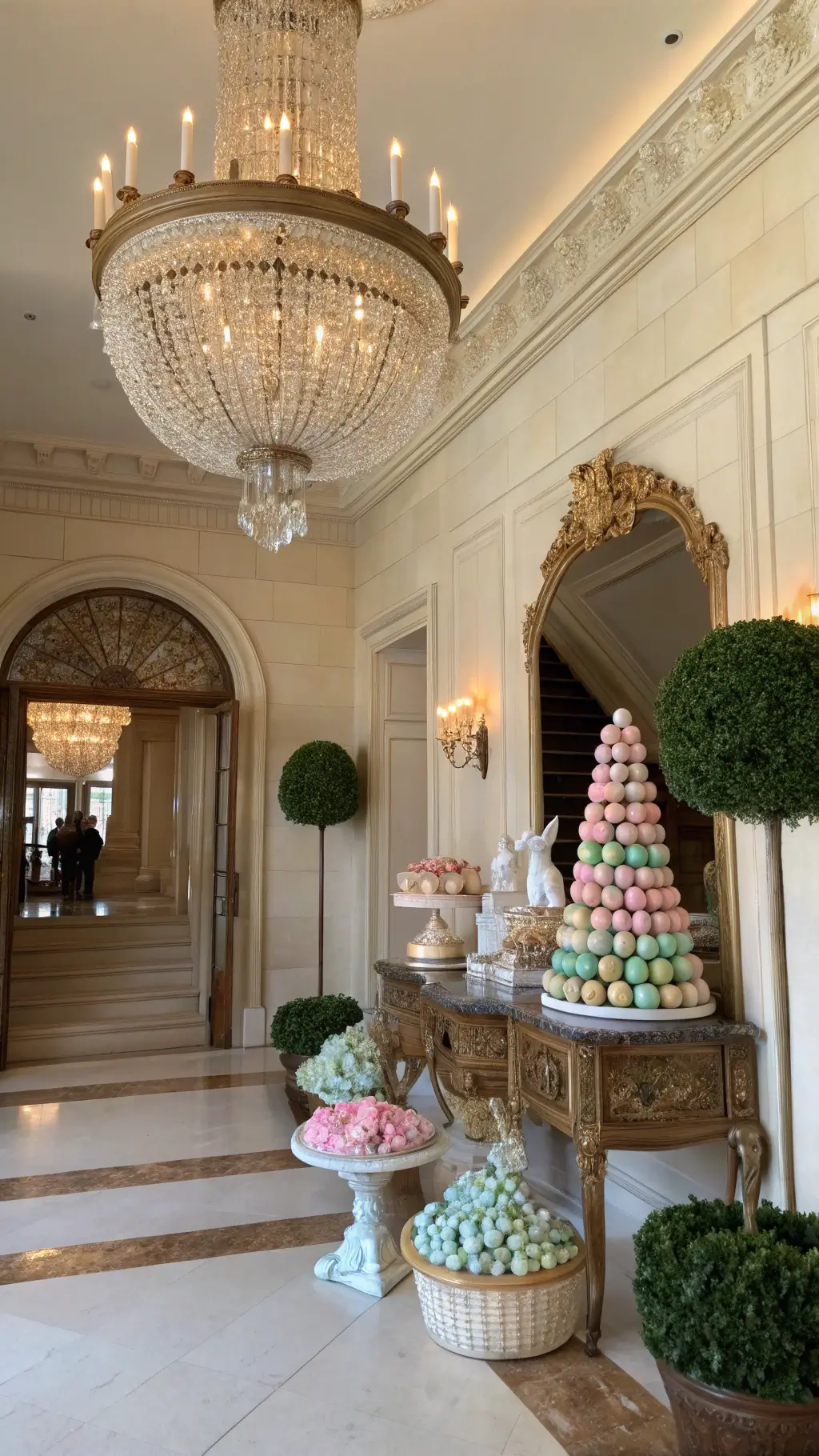 Grand entry foyer with 10ft ceiling, crystal chandelier, antique console displaying pastel Easter eggs, gold mirrors, topiaries in knit baskets, and pink roses with ceramic bunnies.