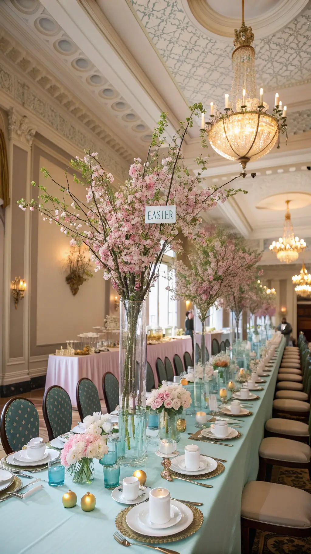 Elegant 12-seat dining room with coffered ceilings, cherry blossom Easter centerpiece, gold chargers with cream pottery, blue linens, and calligraphed egg place cards, viewed down the table under a glowing crystal chandelier.