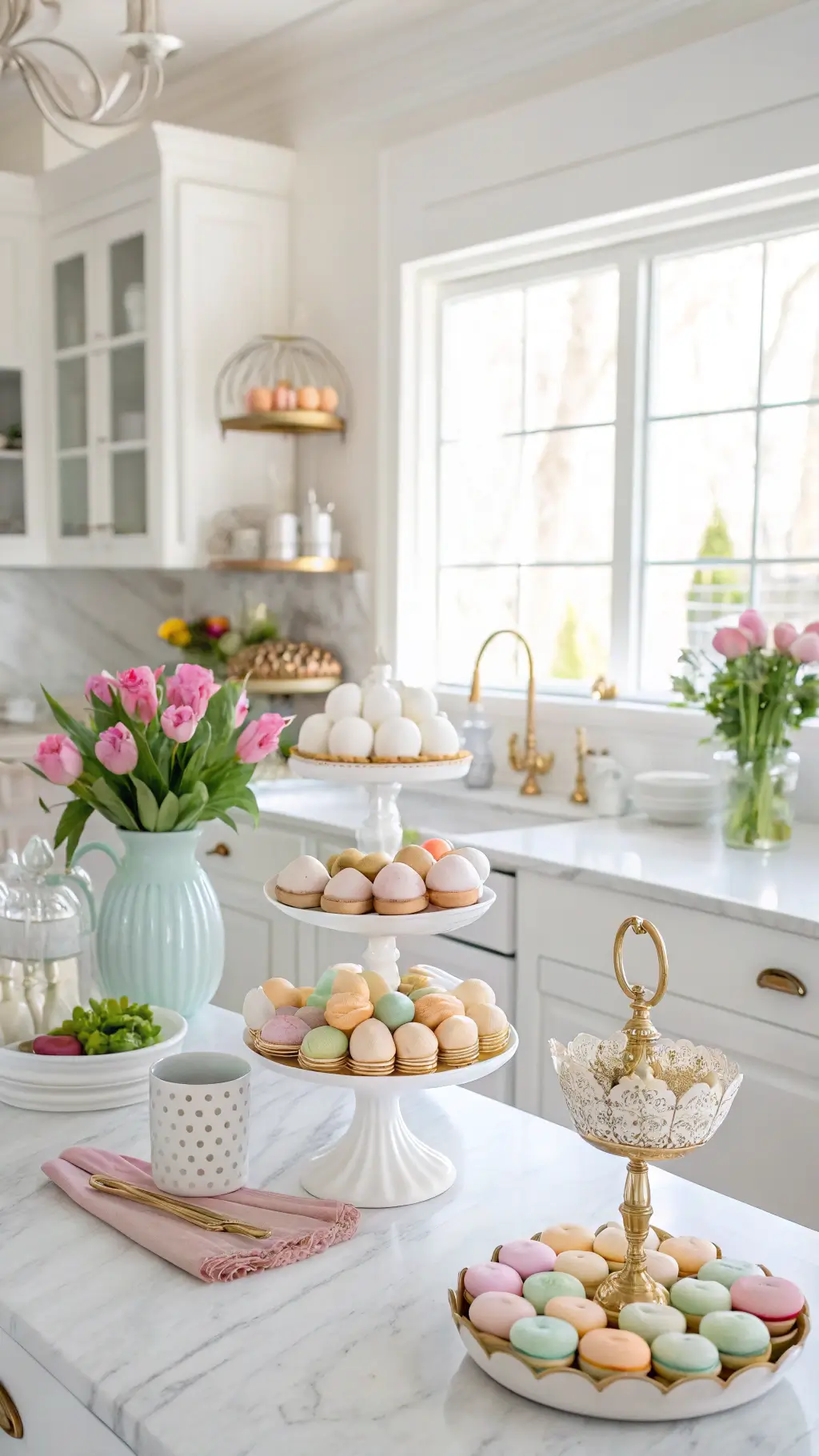 Bright white kitchen with marble counters, brass hardware, vintage milk glass on open shelves, spring florals, and island display of pastel macarons, speckled eggs, and gold-rimmed teacups in morning light.