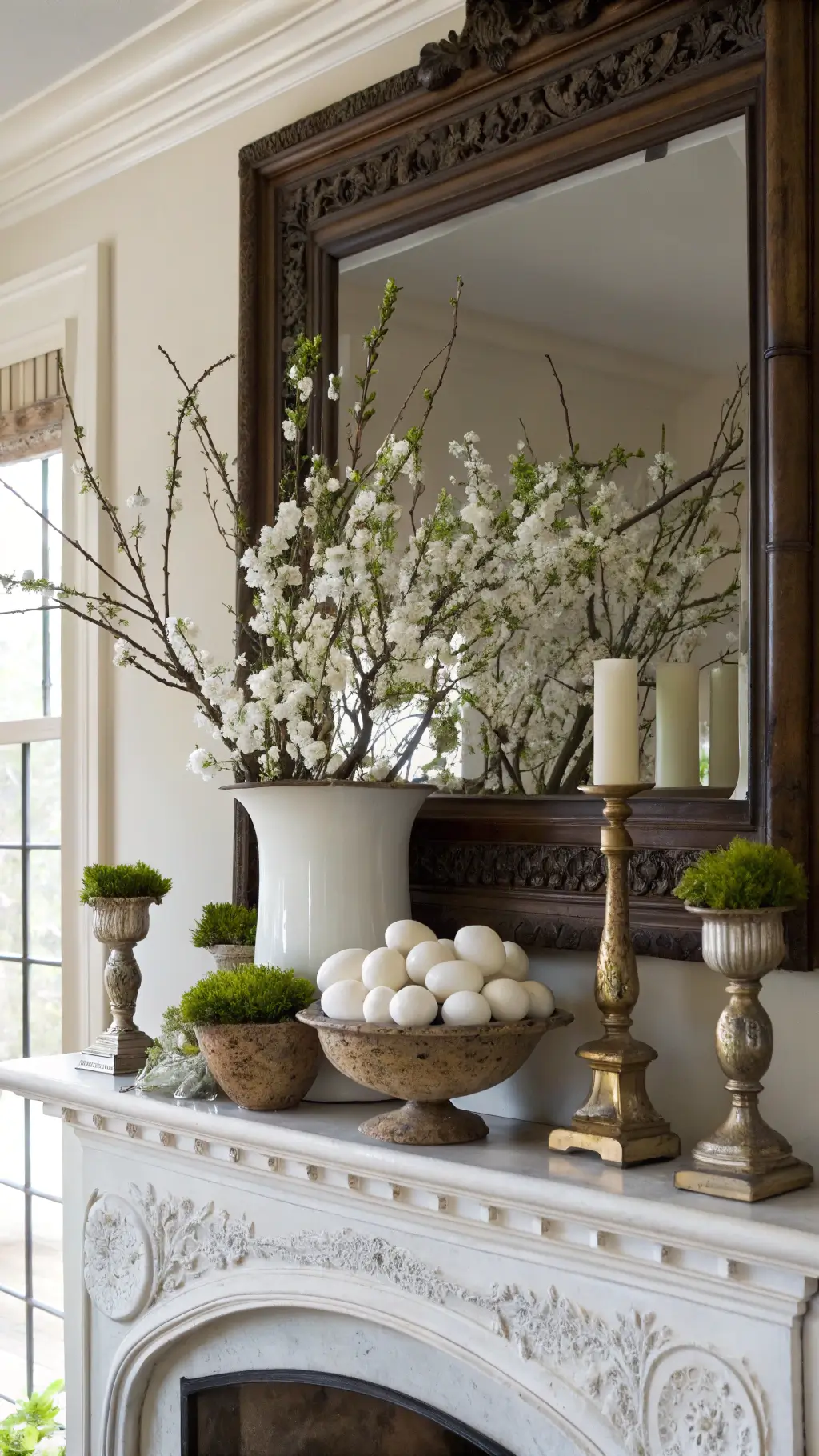 Elegant spring mantel with white cherry blossoms, nested eggs, brass candlesticks, and soft green moss against white molded fireplace and antiqued mirror.