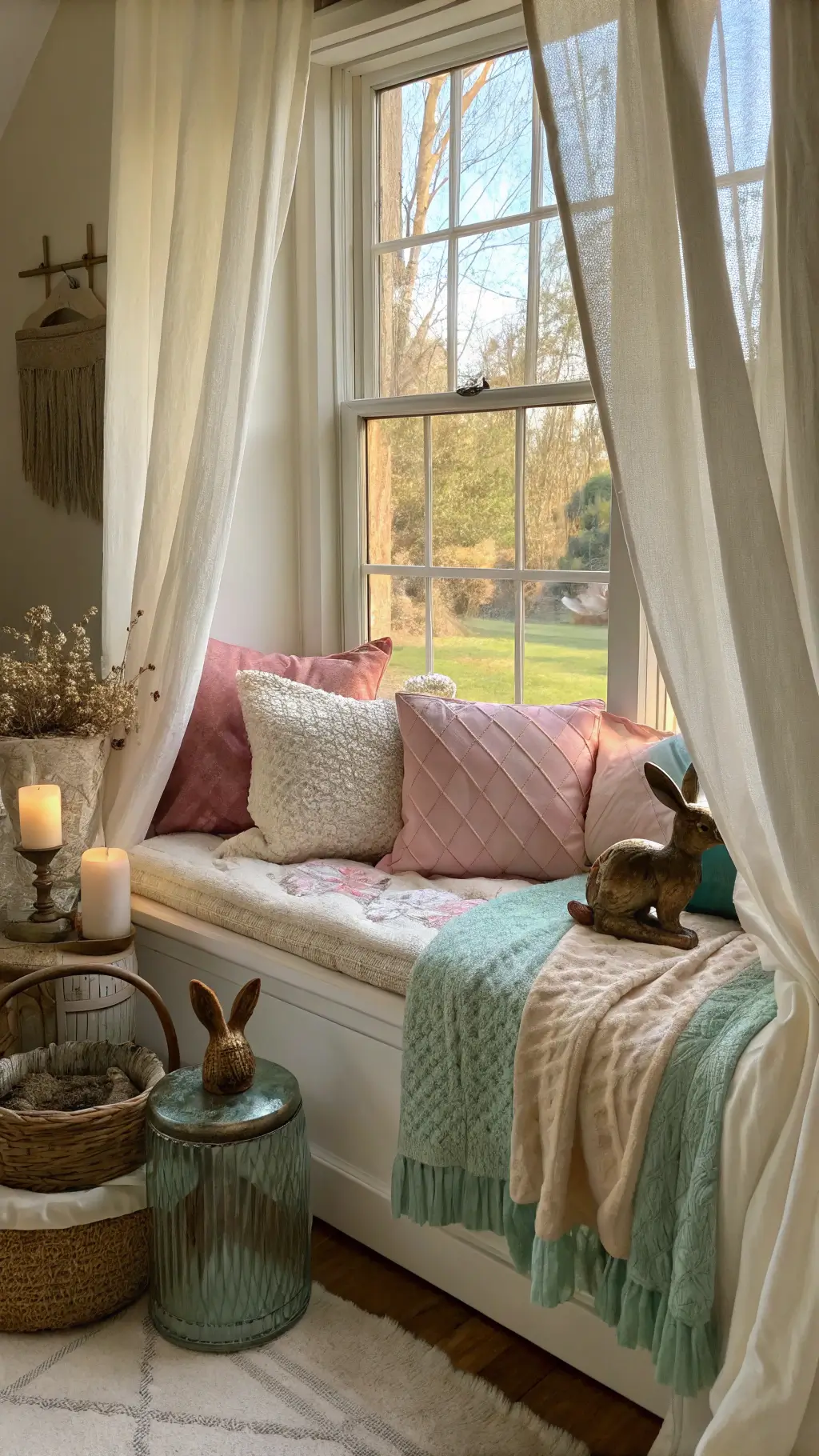 Cozy window seat framed by cream linen curtains, adorned with vintage quilts, blush and mint velvet pillows, chunky knit throws, carved wooden bunnies, and mercury glass vases with forced bulbs, bathed in golden hour light.