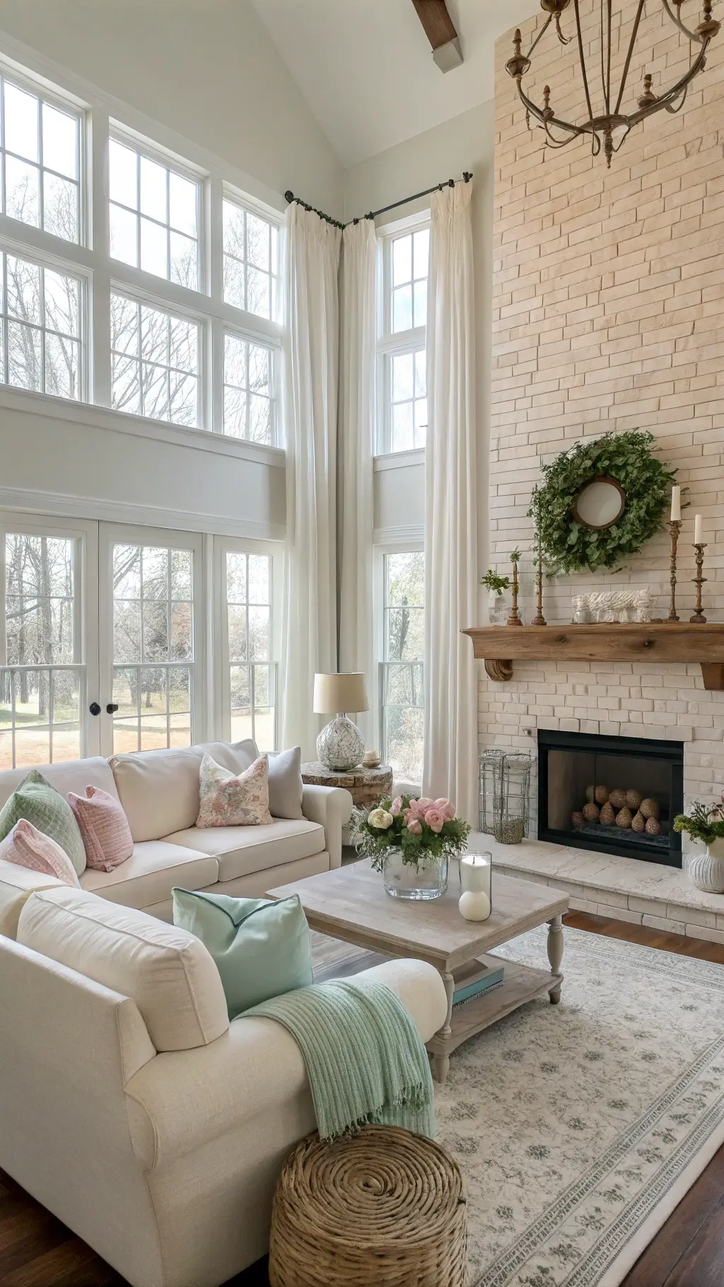 Sunlit Easter-themed living room with cream sofa, pastel decor, and spring accents around a white brick fireplace.