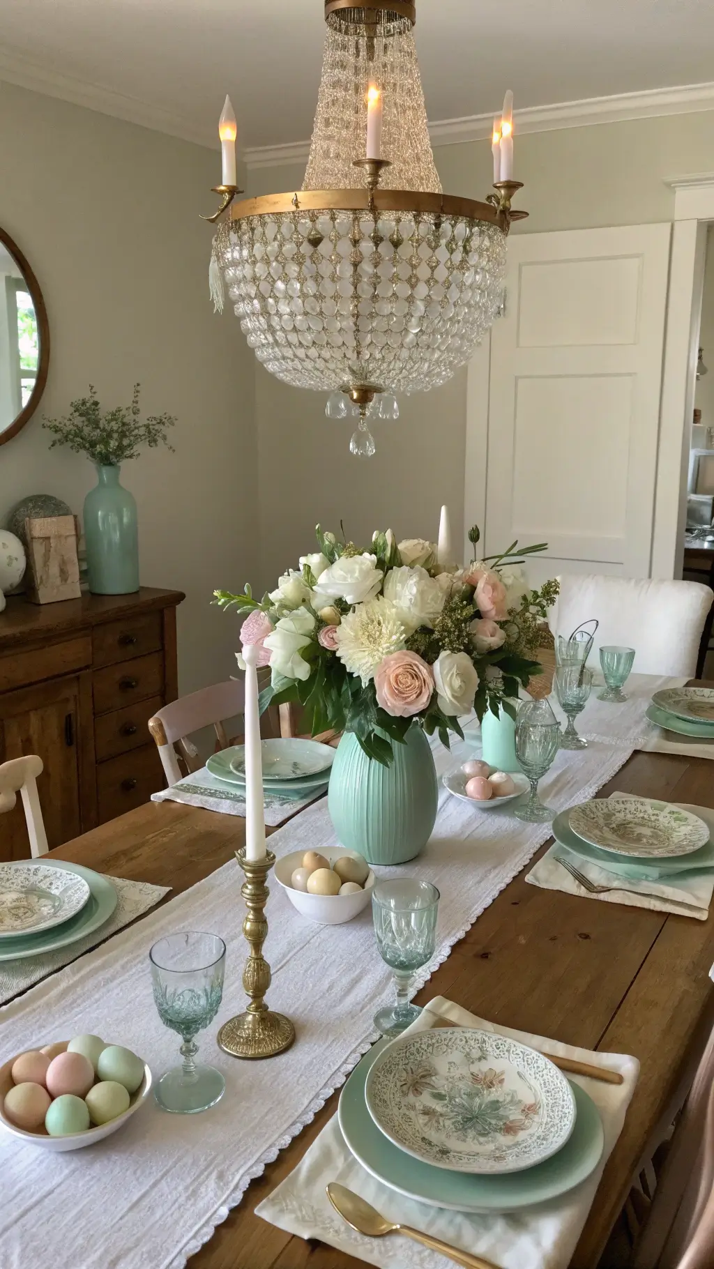 Elegant Easter dining table with vintage decor, featuring a white linen runner, floral centerpiece, gold Easter eggs, and fine china in warm afternoon light.