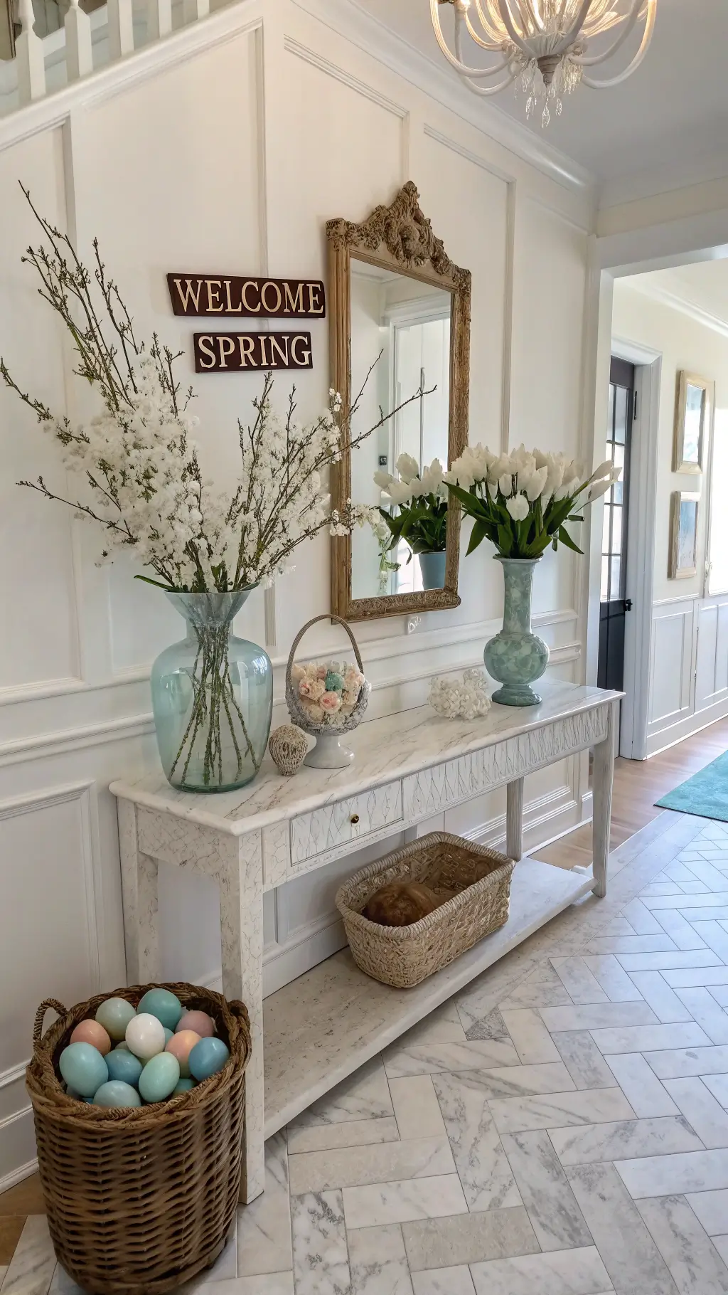 Bright foyer with marble herringbone flooring, white console table with cherry blossoms and tulips, pastel eggs in seagrass basket, and gilded mirror reflecting 'Welcome Spring' sign.