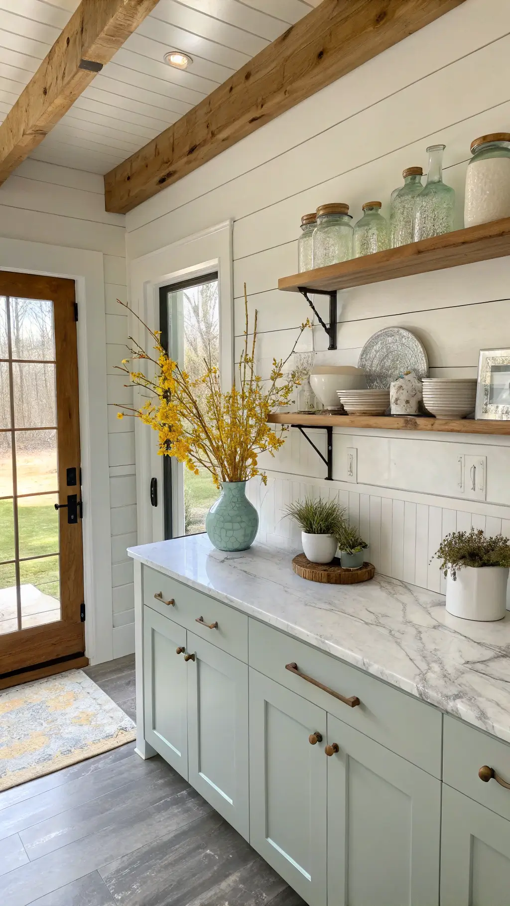 Cottage-style Easter kitchen with white shiplap walls, exposed wooden beams, marble countertops, vintage milk glass, spring florals, robin's egg blue pottery, white ceramic bunnies, and a sage green Dutch door opening to a garden.