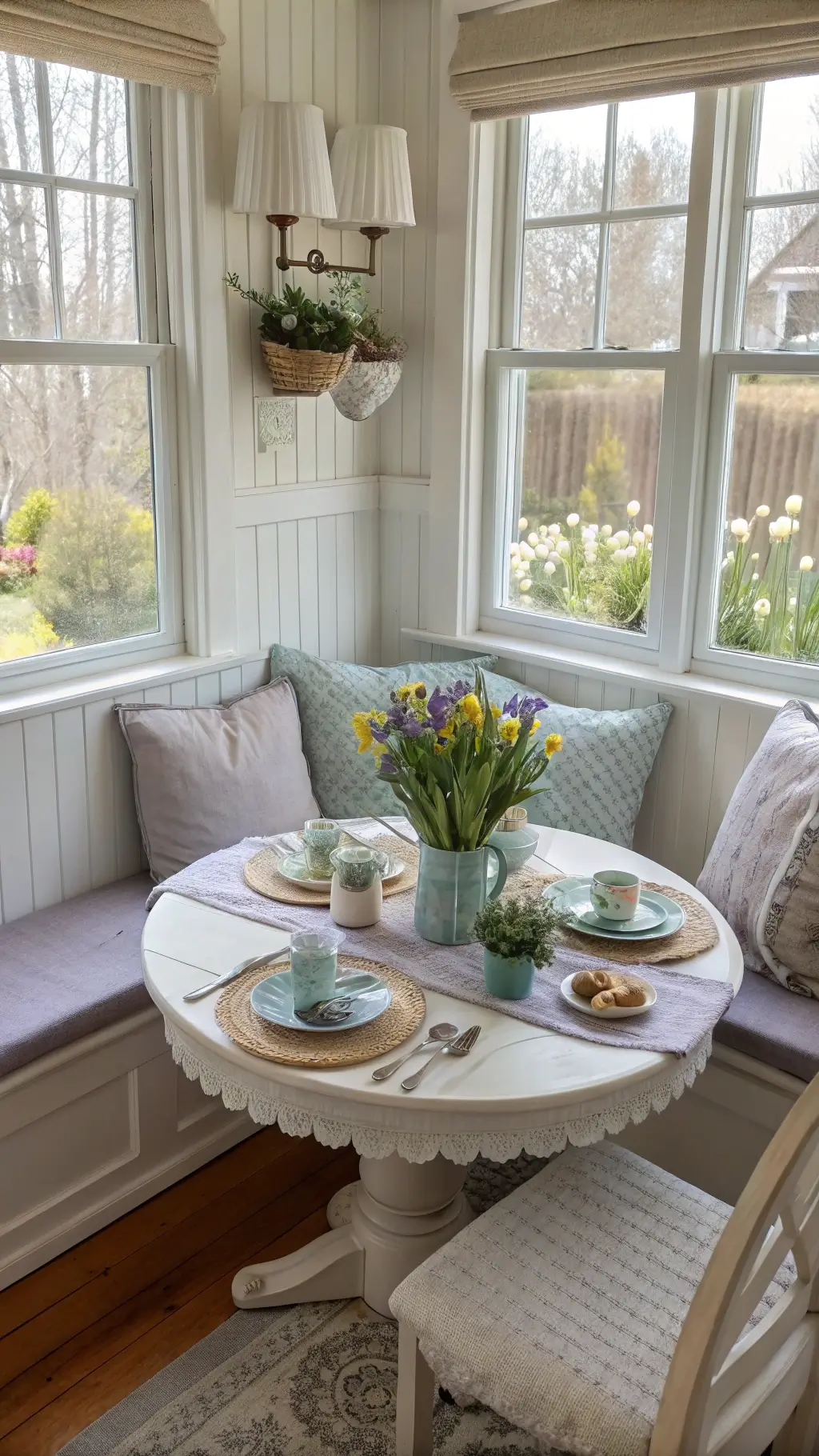 Cozy Easter breakfast nook with built-in window seats, lavender cushions, rustic round table set with pale blue stoneware, and hyacinth centerpiece surrounded by quail eggs.