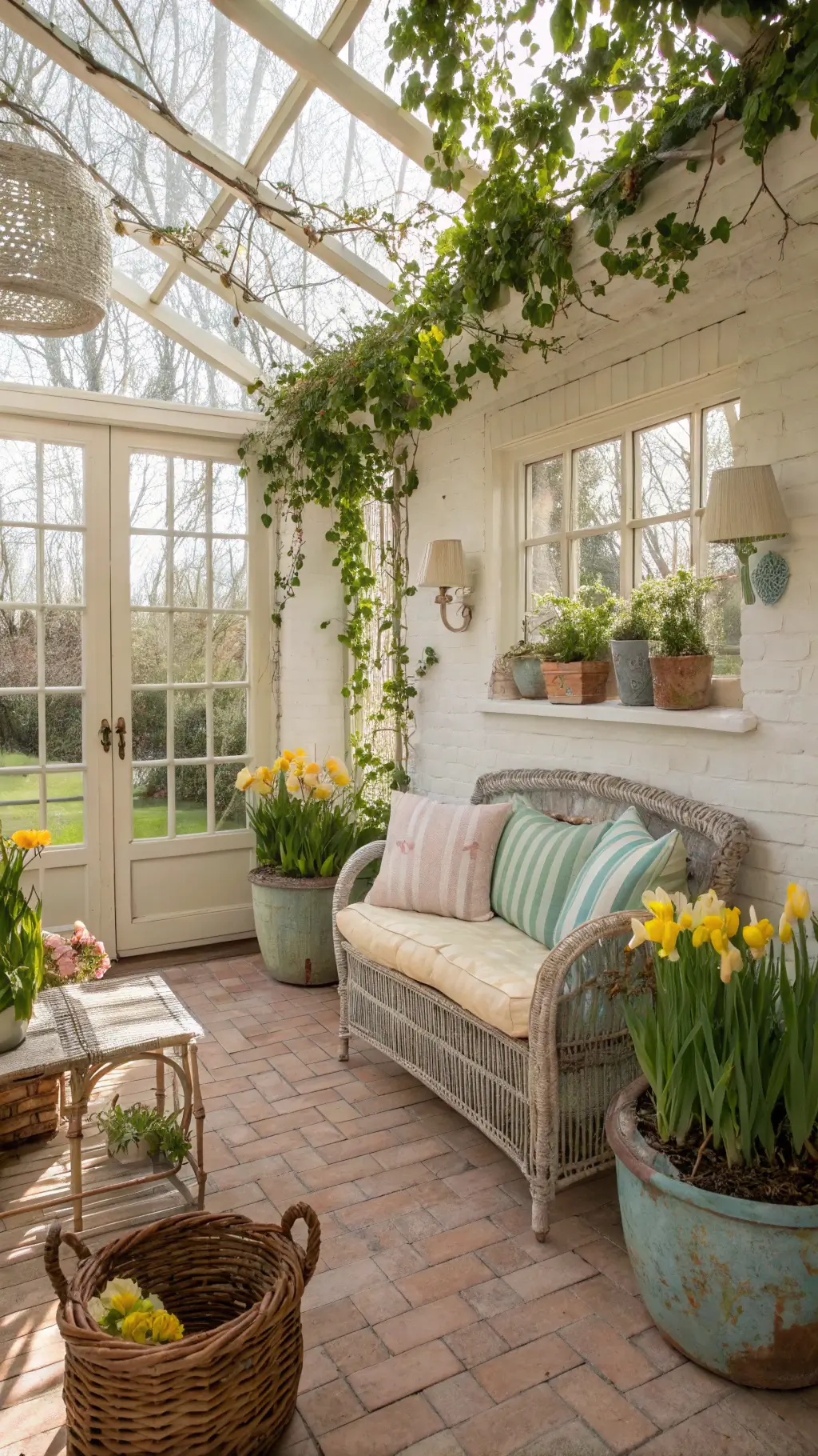 Sunroom with whitewashed brick floors, wicker furniture, spring flowers, and speckled eggs in a golden late-afternoon light.