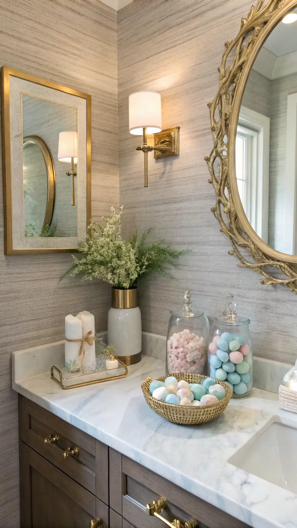 Elegant Easter-themed powder room with pearl grey grasscloth walls, marble vanity, pastel soaps, white ranunculus, gold mirror, and soft lighting.