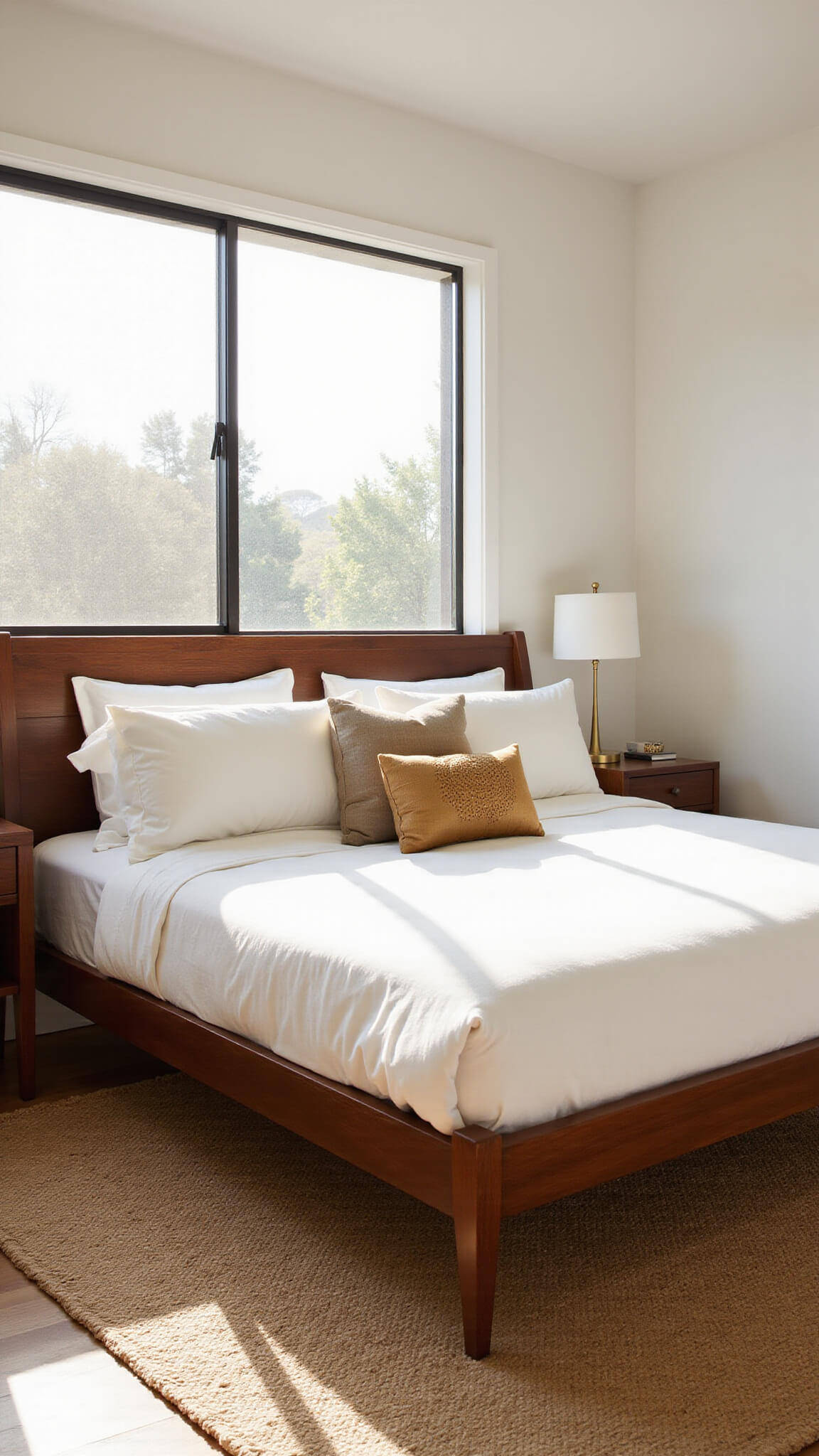 Sunlit California modern master bedroom with walnut platform bed, white linens, mid-century nightstands, and jute rug at golden hour.