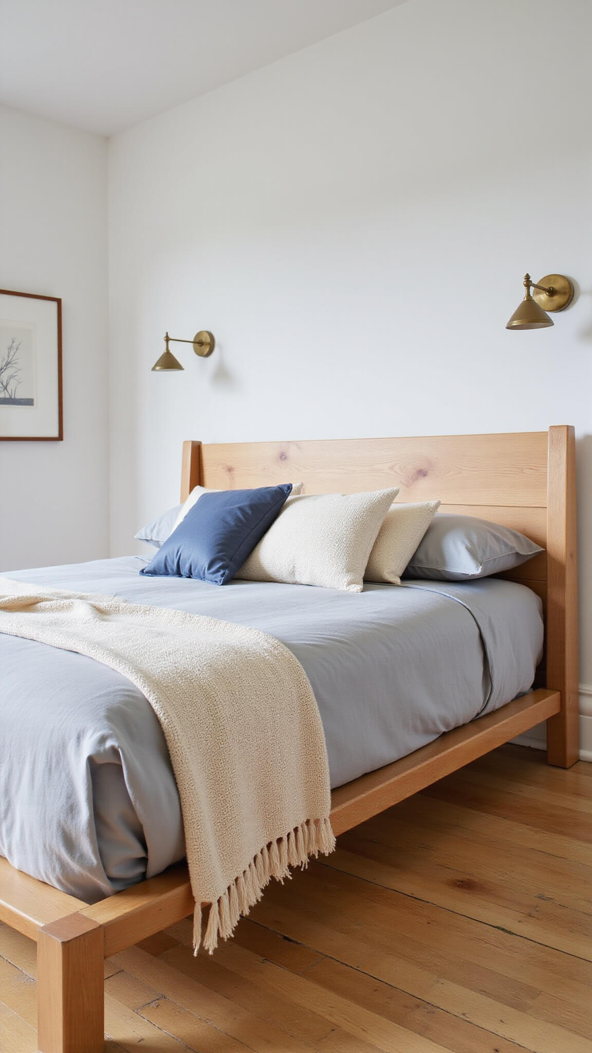 Overhead view of cozy 12x12ft bedroom at dawn with Vermont Woods Studios honey oak queen bed, dove grey bedding, vintage brass sconces, and MCM artwork on white walls.