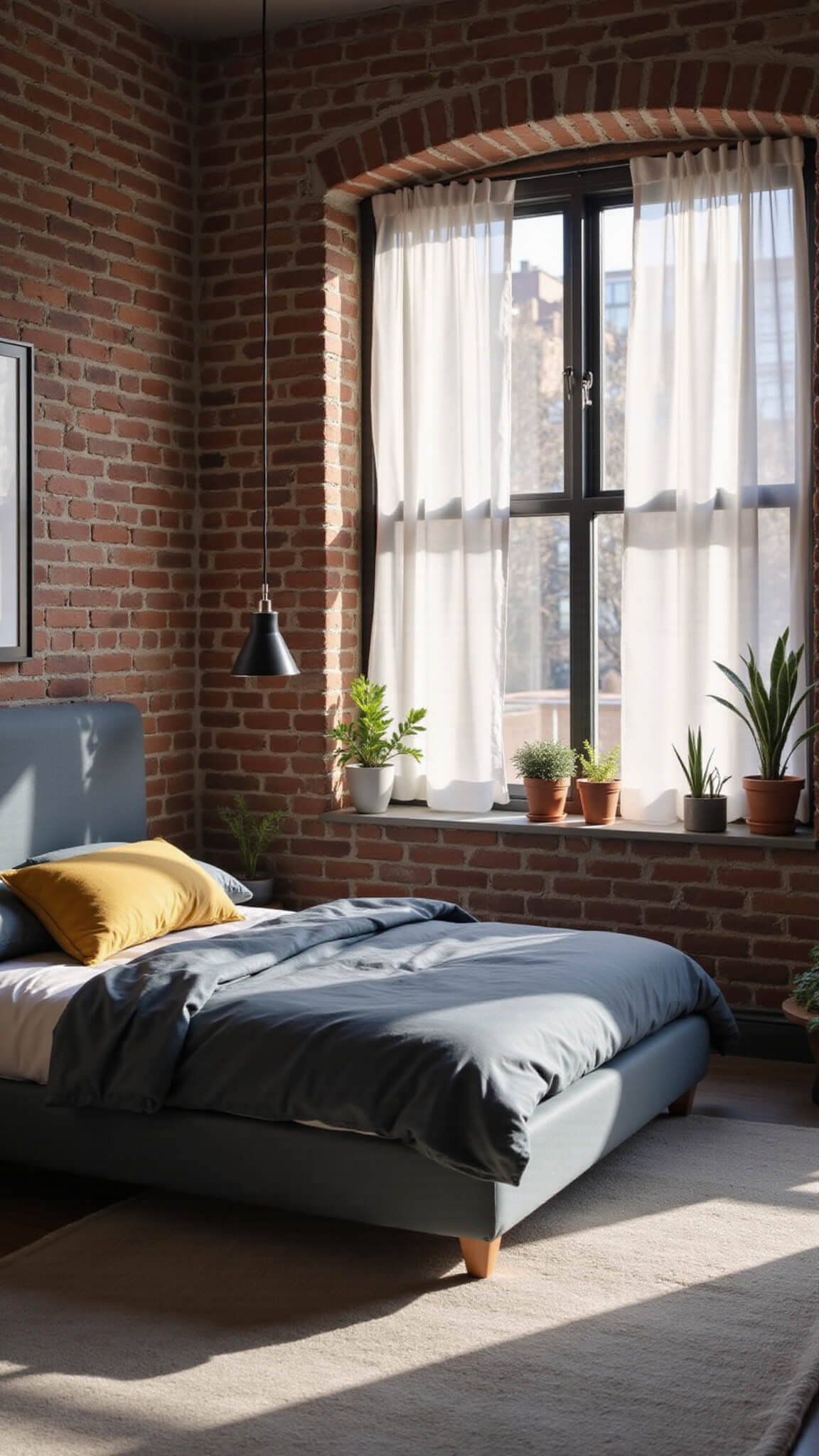 Cozy urban bedroom with slate grey Hannah Fabric Platform Bed, exposed brick wall, layered blue and grey bedding with mustard accents, and soft afternoon light filtering through gauzy curtains.
