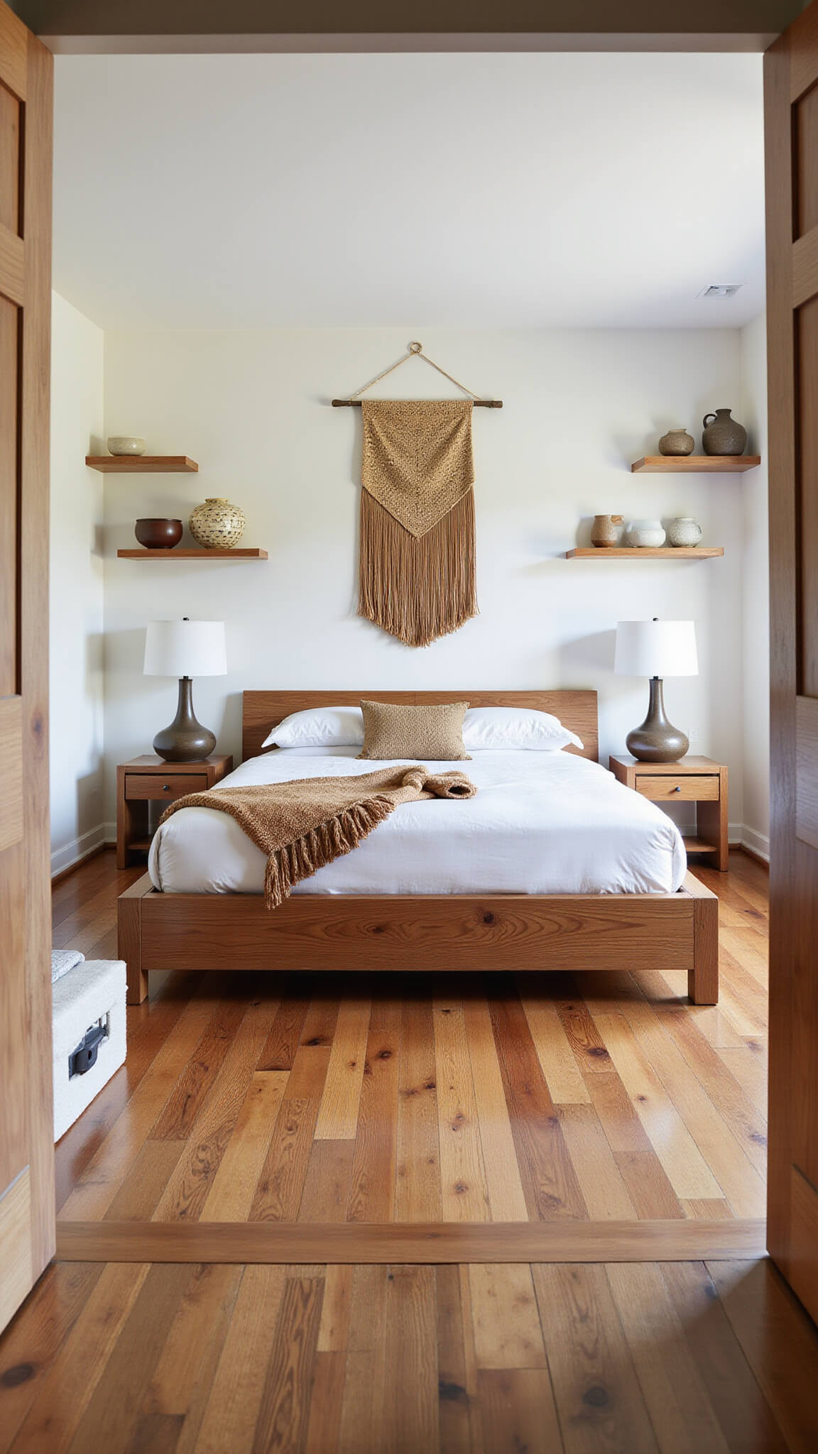 Spacious 16x18ft primary bedroom with solid teak platform bed, white linens, earth-tone accents, and natural light highlighting organic modern decor.