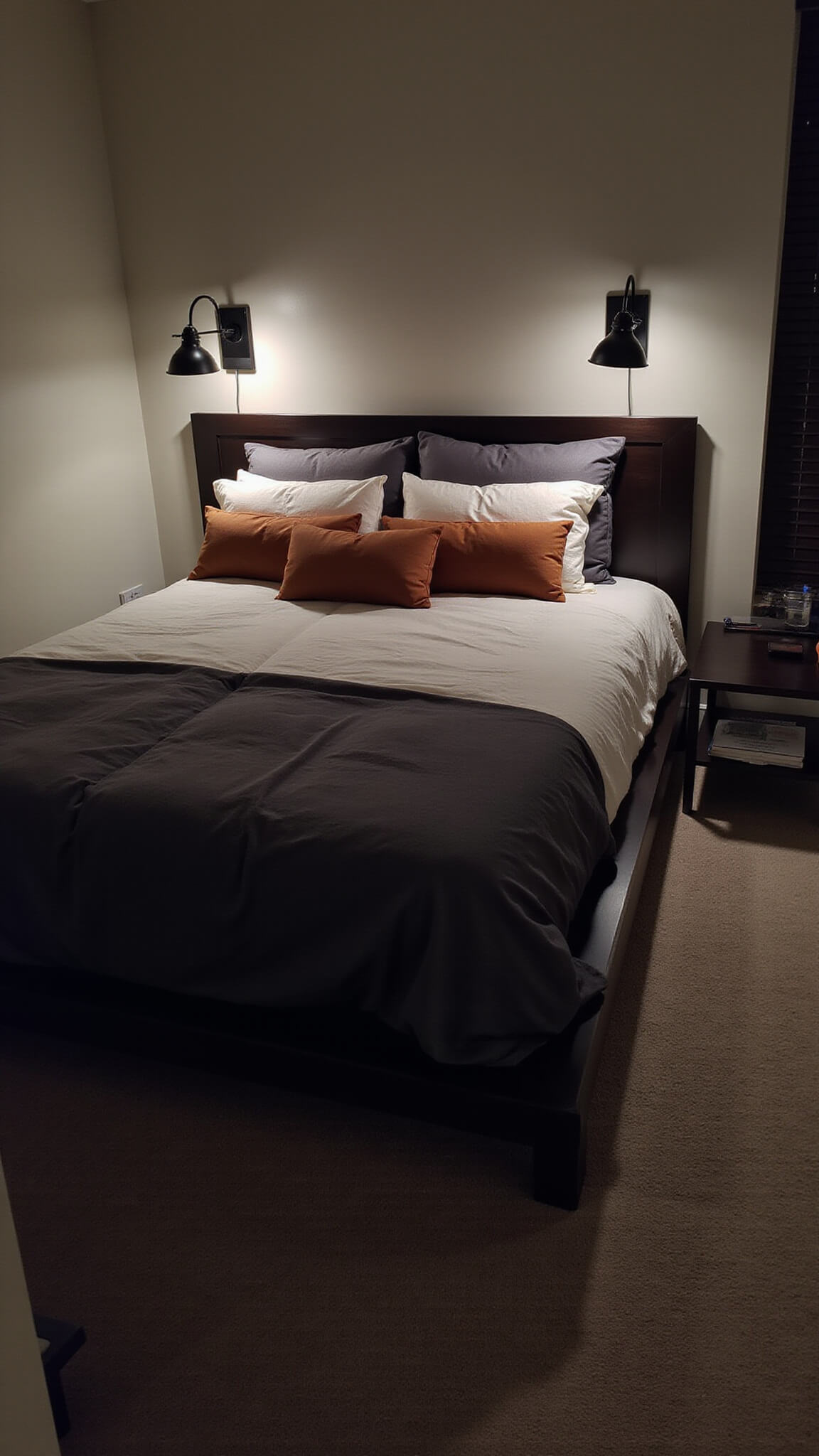Moody 11x13ft guest room with espresso platform bed, charcoal and rust bedding, twilight lighting, and black uplighting sconces.