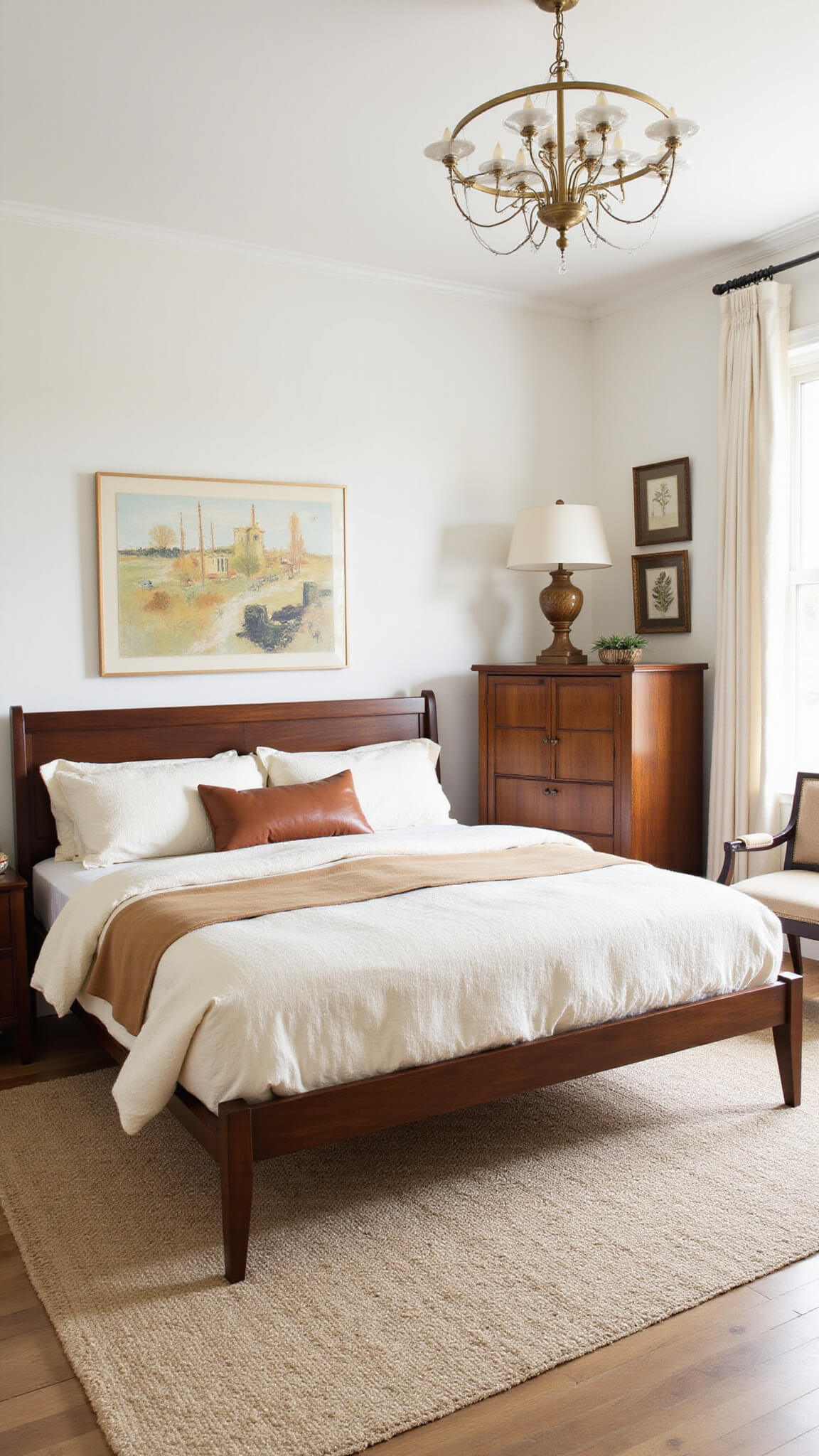 Midday-lit 15x15ft bedroom with MCM walnut queen bed, cream luxe bedding, leather pillows, vintage dresser, abstract art, and modernist chandelier.