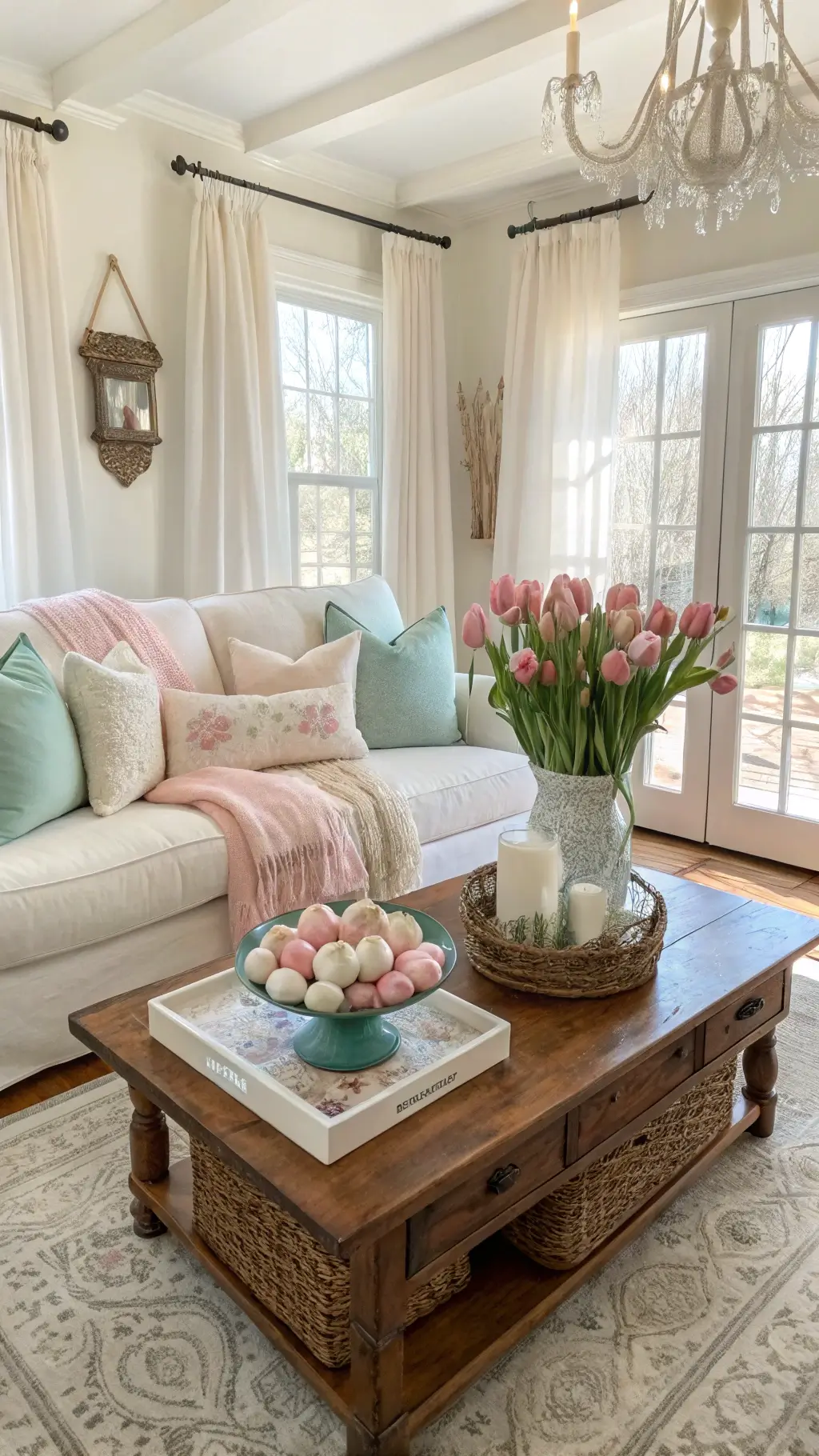 Sunlit living room with high ceilings, cream sofa, pastel pillows, antique coffee table decorated with ceramic bunnies, Easter eggs, and pink tulips, bathed in golden hour light through sheer curtains.
