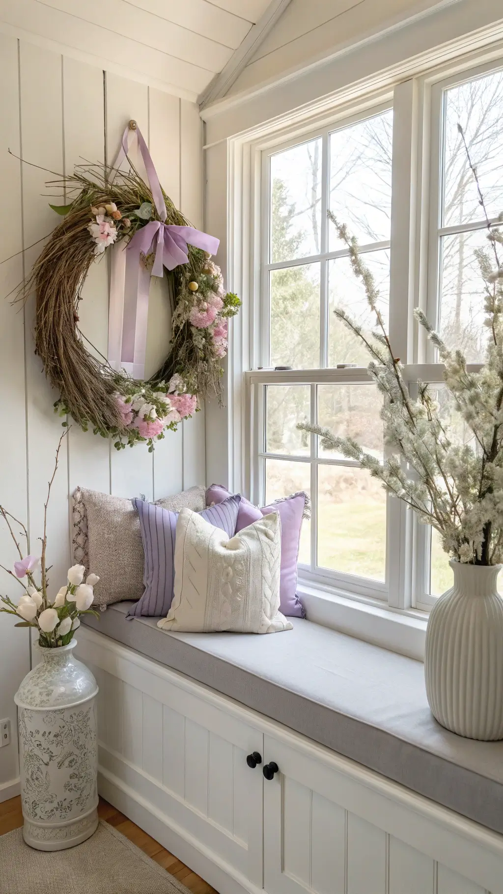 Farmhouse window nook with lavender cushions, cream pillows, and Easter decor including a woven wreath and cherry blossoms, bathed in soft mid-morning light.