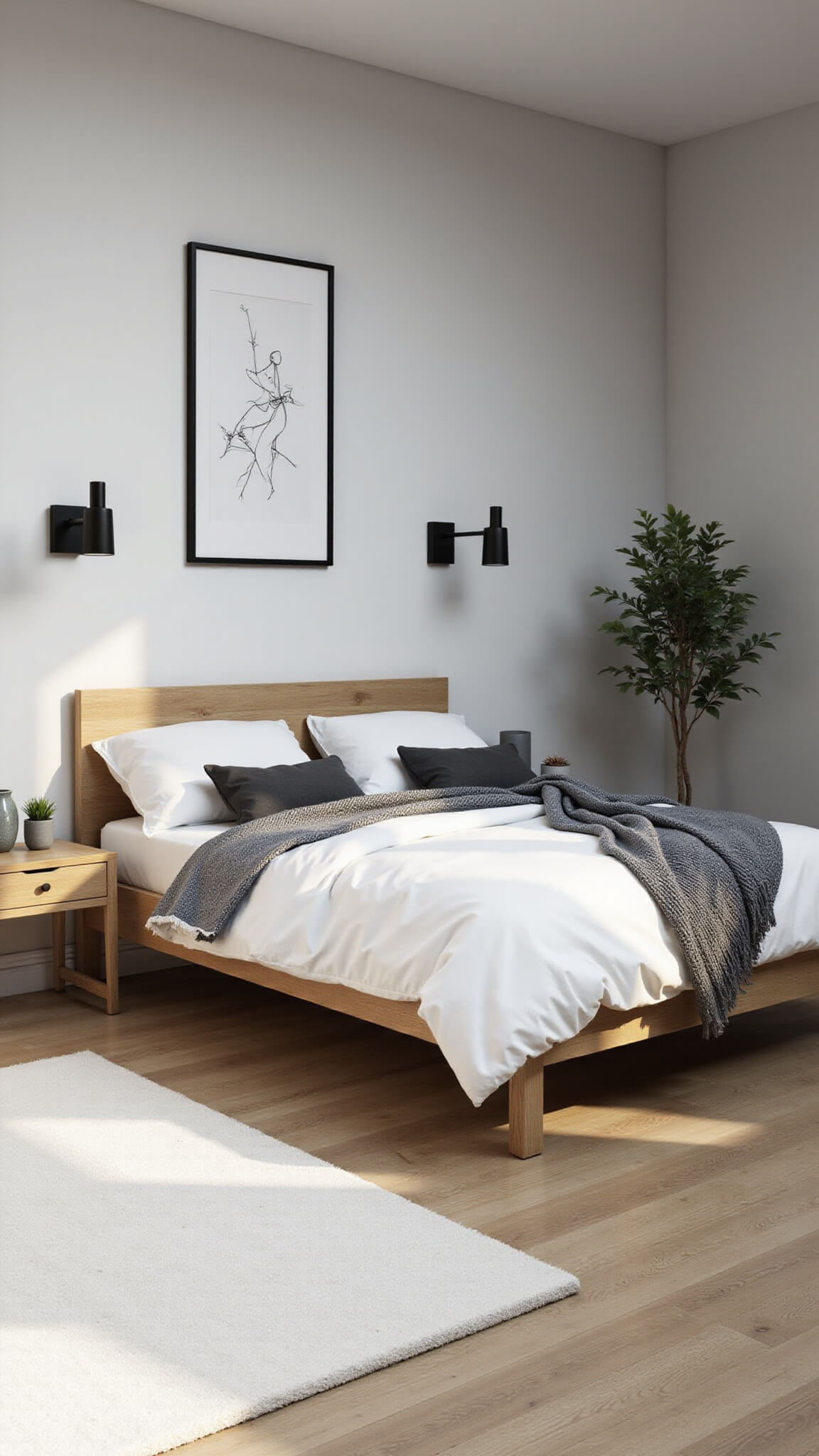 Scandinavian-style modern bedroom with blonde ash platform bed, white bedding, grey throw, black accents, and floating nightstands in early morning light.