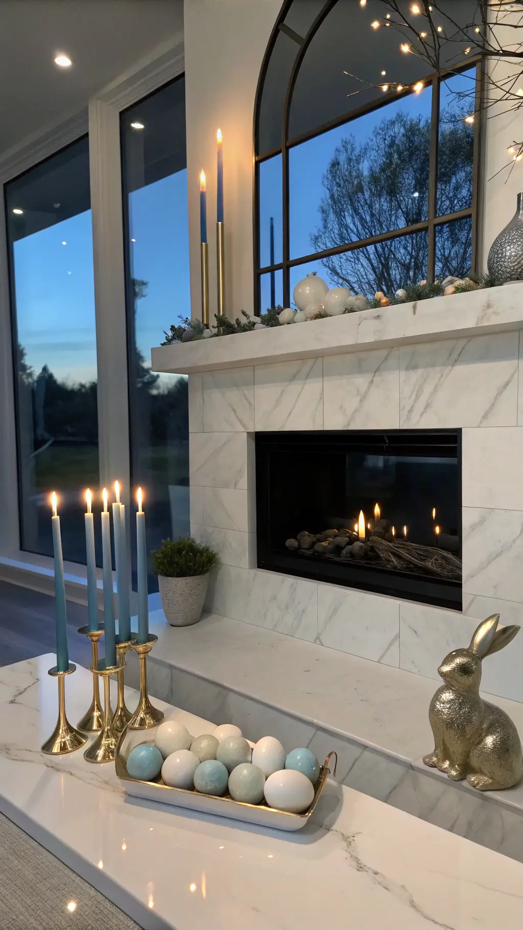 Minimalist Easter décor on marble fireplace mantel with brass candleholders, ceramic eggs, and silver bunnies in a moody blue hour modern living space.