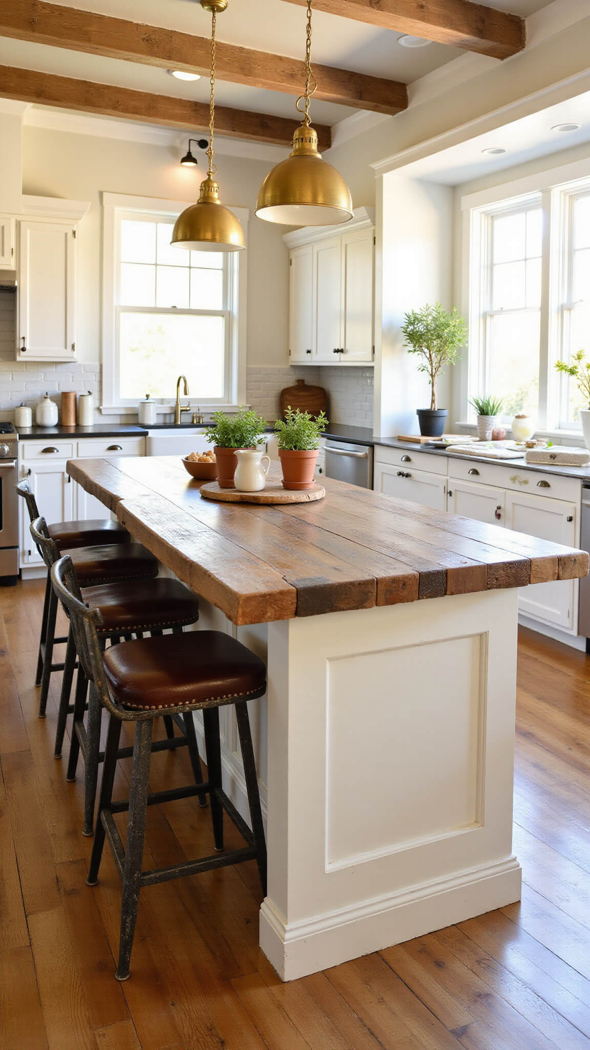 Farmhouse kitchen with reclaimed wood island, leather barstools, vintage brass pendant lights, and morning sunlight streaming through large east-facing windows.
