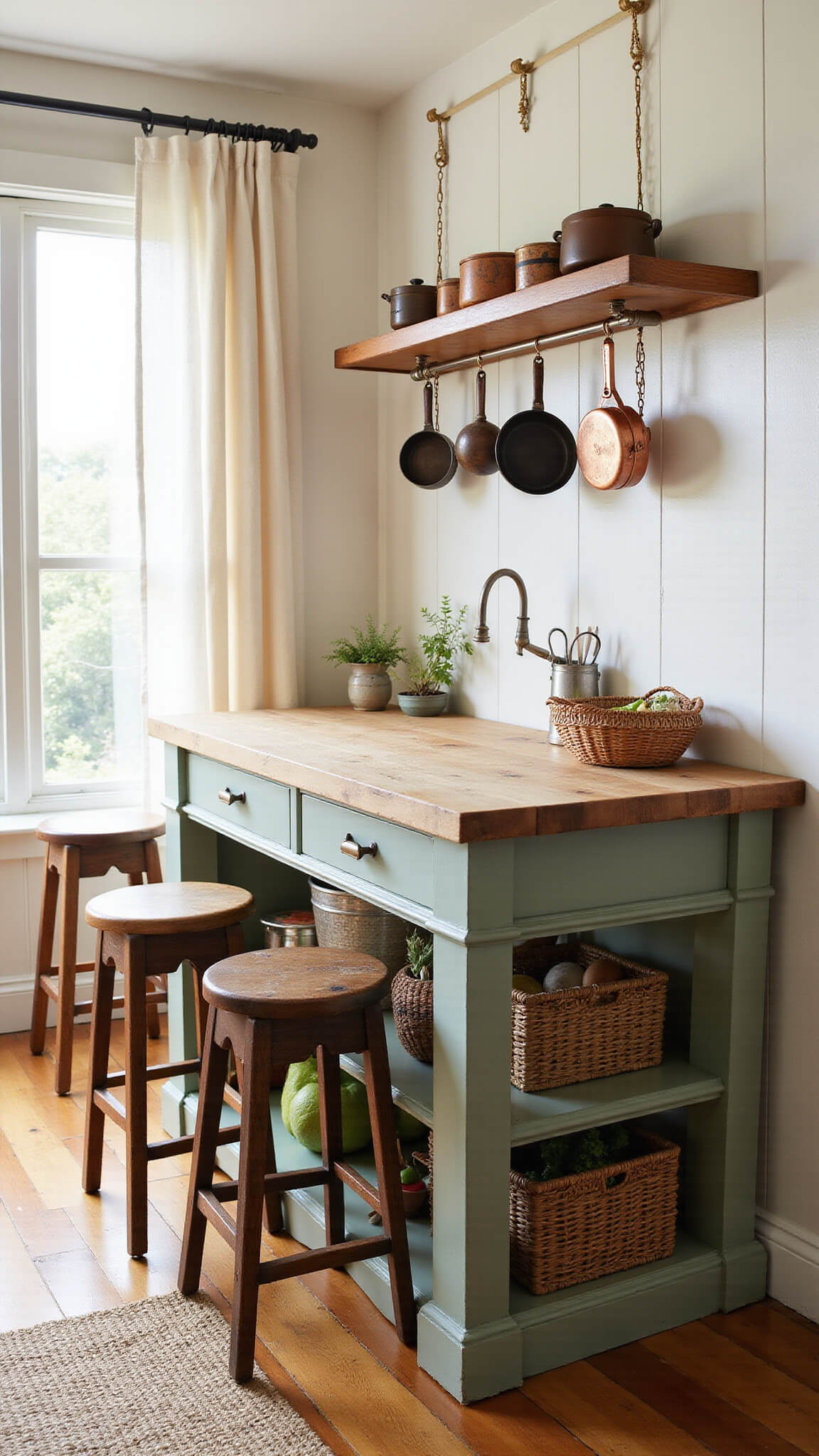 Farmhouse kitchen nook with sage green island, vintage stools, copper cookware, and sunlight streaming through linen curtains.