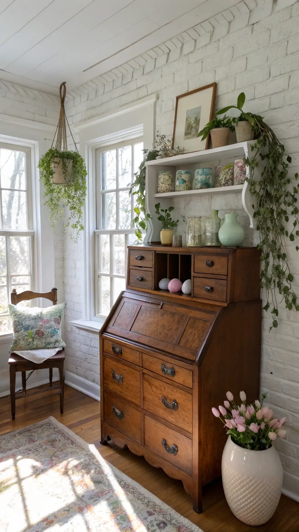 Corner view of a cozy sitting room with a vintage secretary desk decorated for Easter, featuring milk glass bowls of pastel eggs, spring bulbs, and brass accents against a white brick wall with ivy, lit by soft morning sunlight.