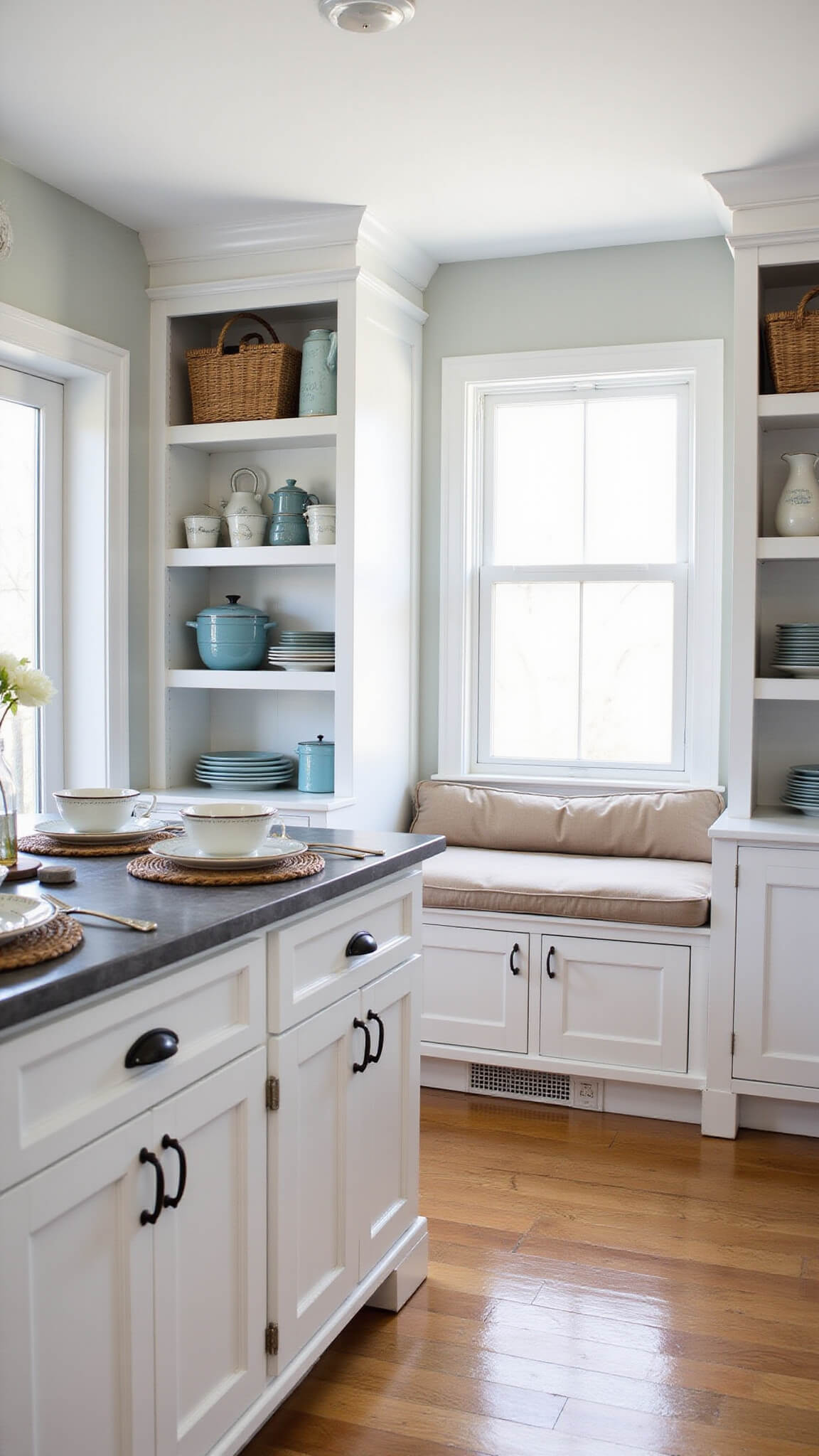 Cozy 8x10ft kitchen at dawn with a white shiplap island featuring a zinc top and built-in linen window seat, vintage blue and white enamelware on shelves, and a serene breakfast setup with woven placemats and earthenware dishes.