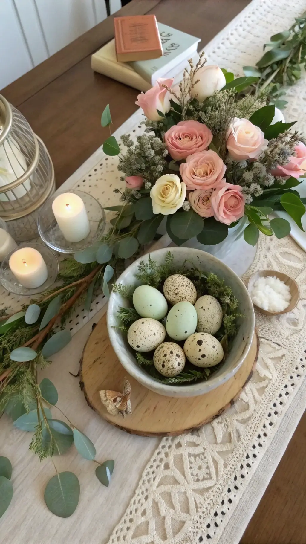 Overhead view of a styled 4x6ft coffee table with an Easter centerpiece featuring speckled eggs in a ceramic bowl, eucalyptus, garden roses, a natural fiber runner, vintage books, and mercury glass votives, shot in soft midday light.