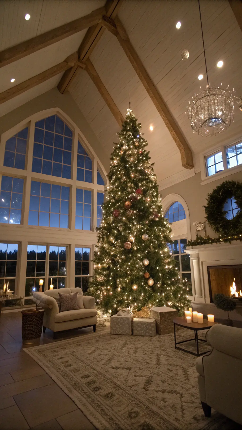Dramatic dusk view of a large great room with cathedral ceilings, featuring a 7ft Easter tree decorated with vintage ornaments and pastel ribbons near tall windows, softly lit by string lights and lanterns, with cream and gray furniture.