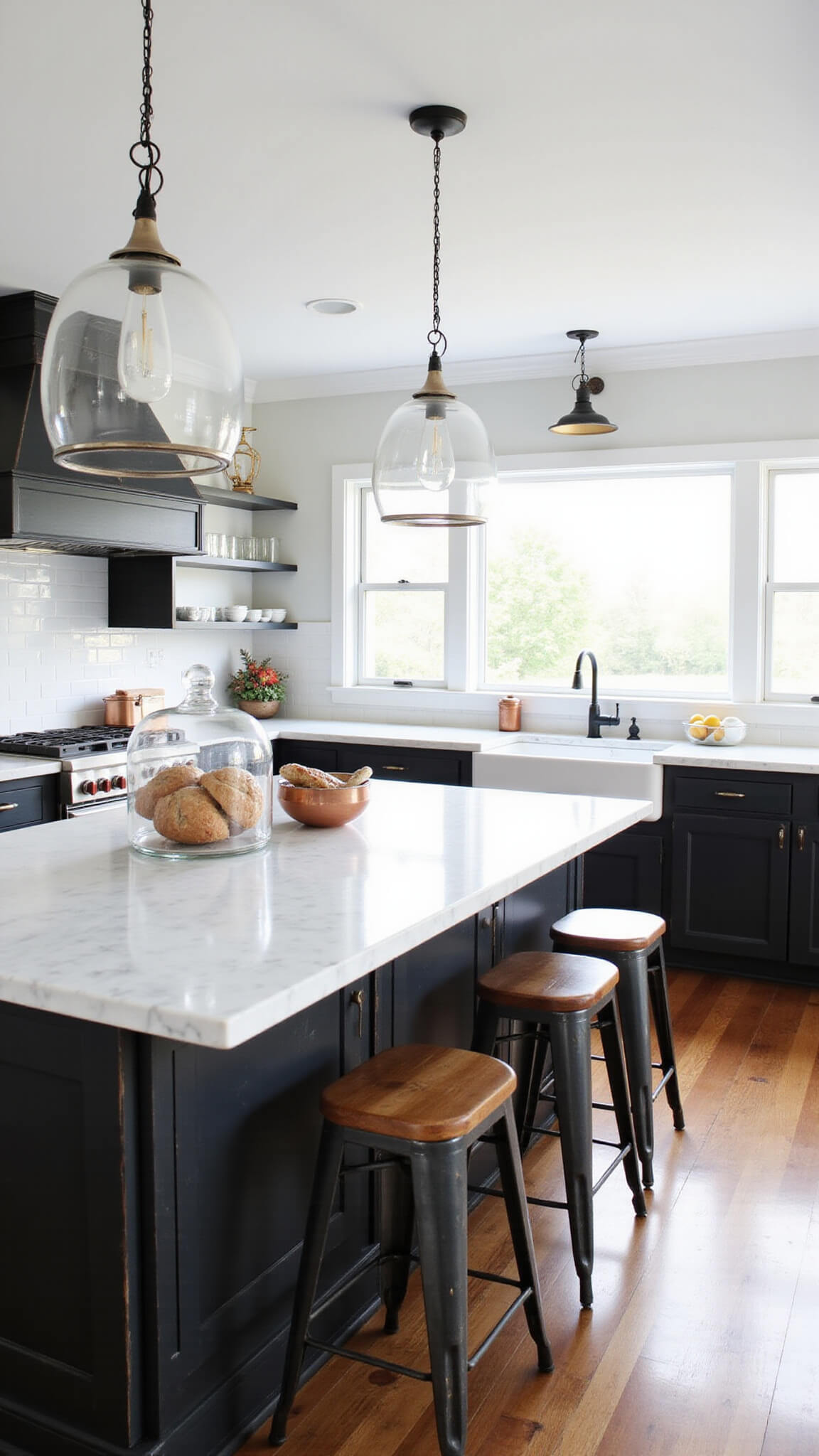Open-concept kitchen with bright midday sunlight, featuring a large 8ft farmhouse island with black distressed cabinets, marble countertop, industrial stools, glass cloches of bread, and copper measuring cups.