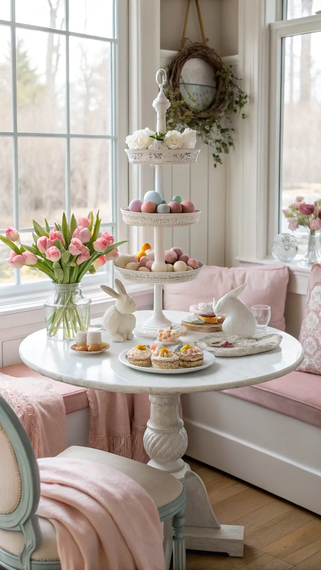 Breakfast nook with round table styled for Easter, featuring milk glass cake stands with painted eggs, spring flowers, and ceramic bunnies; blush pink bistro chairs with linen throws; soft morning light highlighting metallic accents.